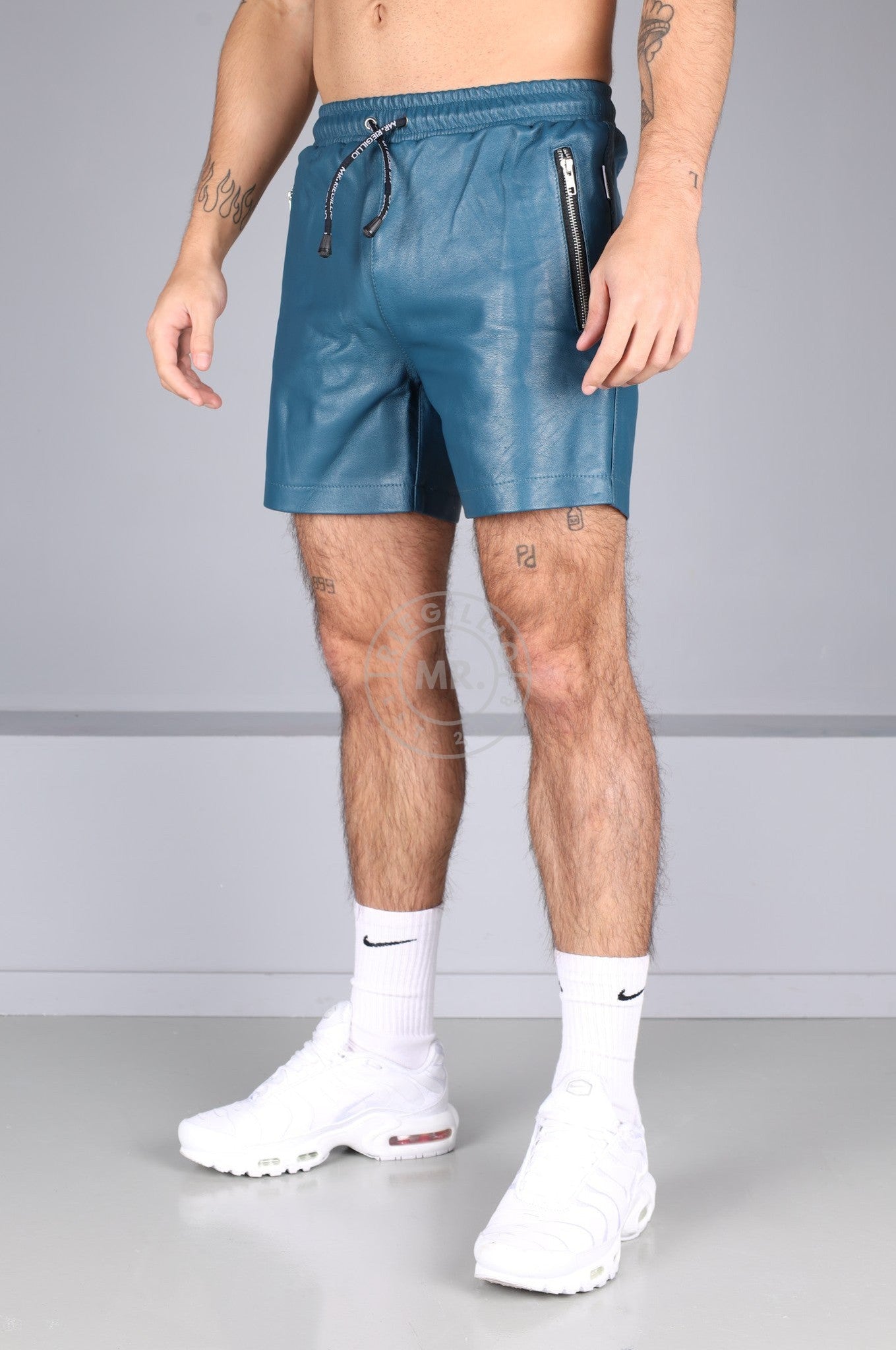 Jeans Blue Leather Track Short at MR. Riegillio