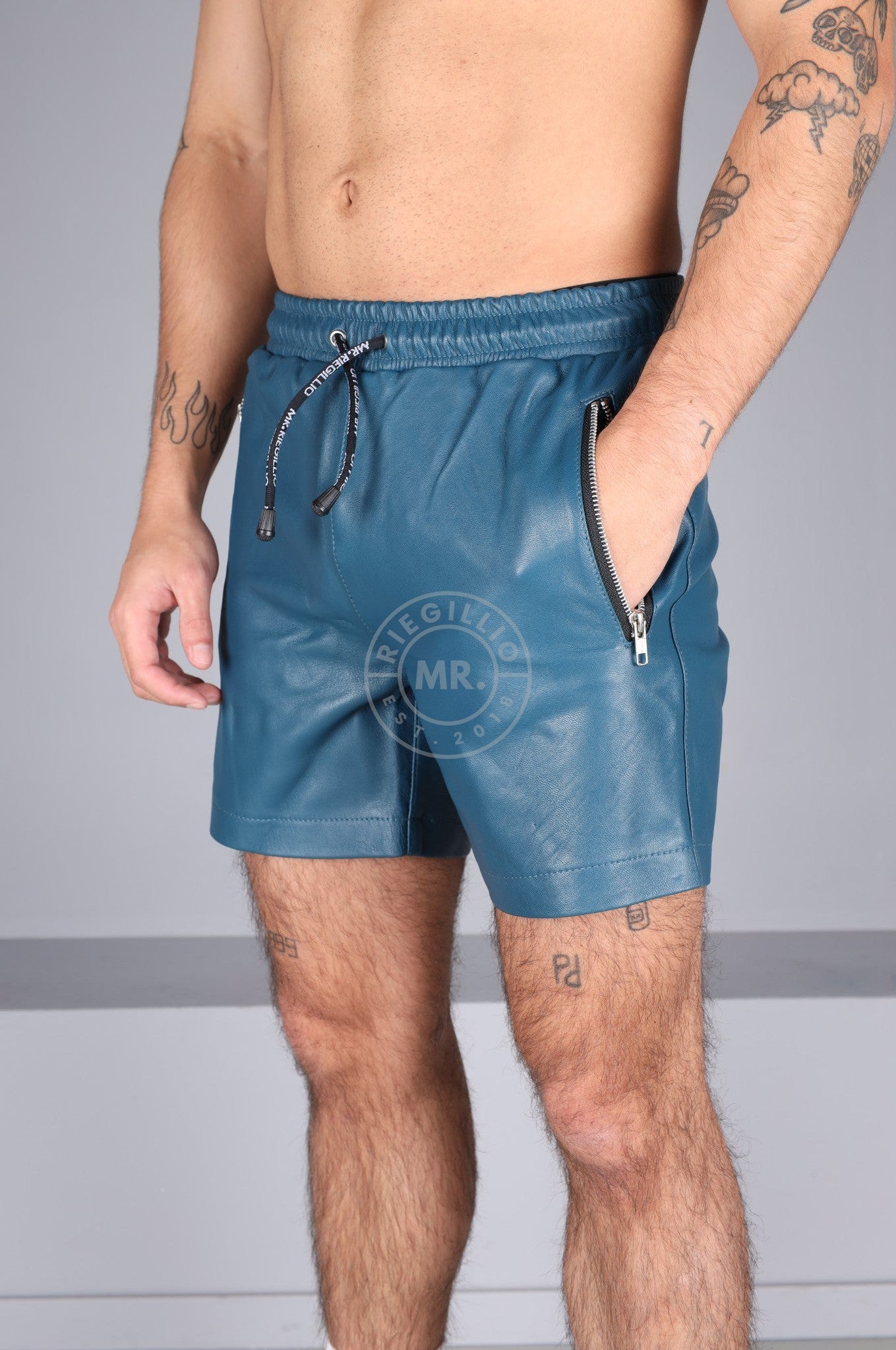 Jeans Blue Leather Track Short at MR. Riegillio