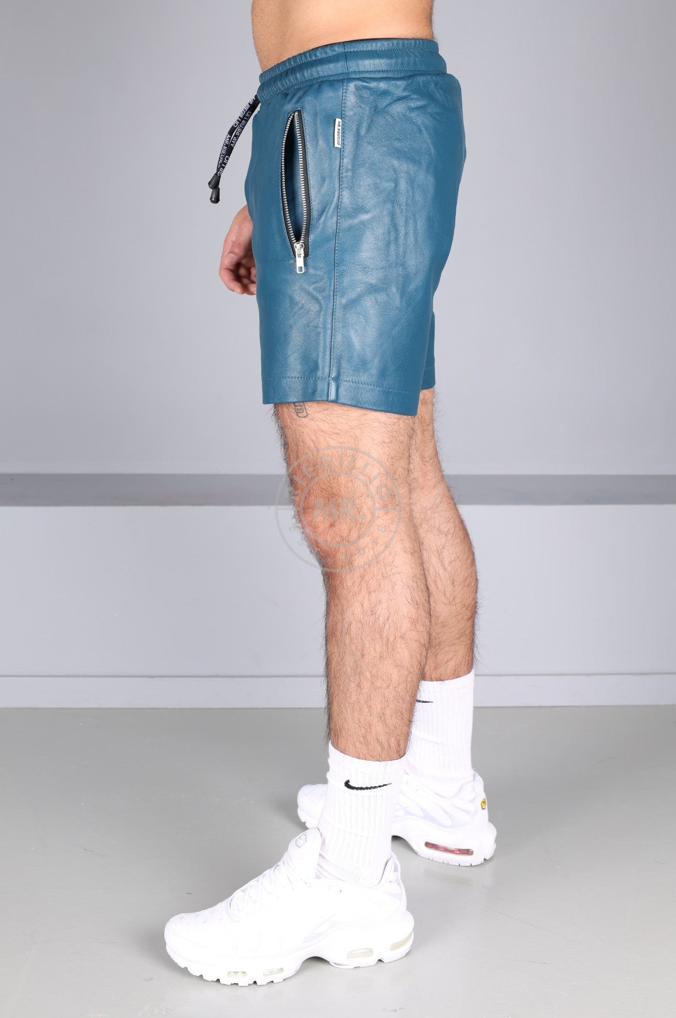 Jeans Blue Leather Track Short at MR. Riegillio