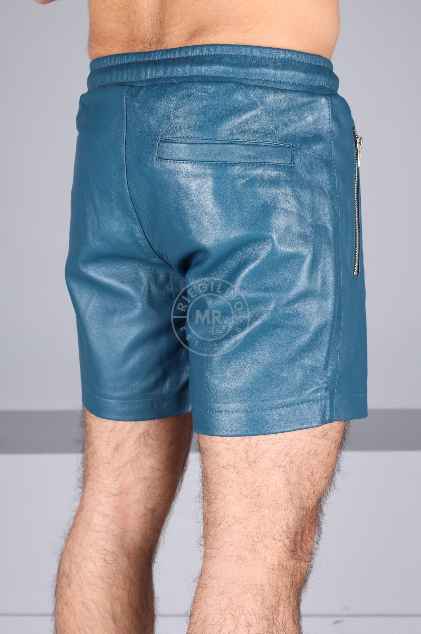 Jeans Blue Leather Track Short at MR. Riegillio