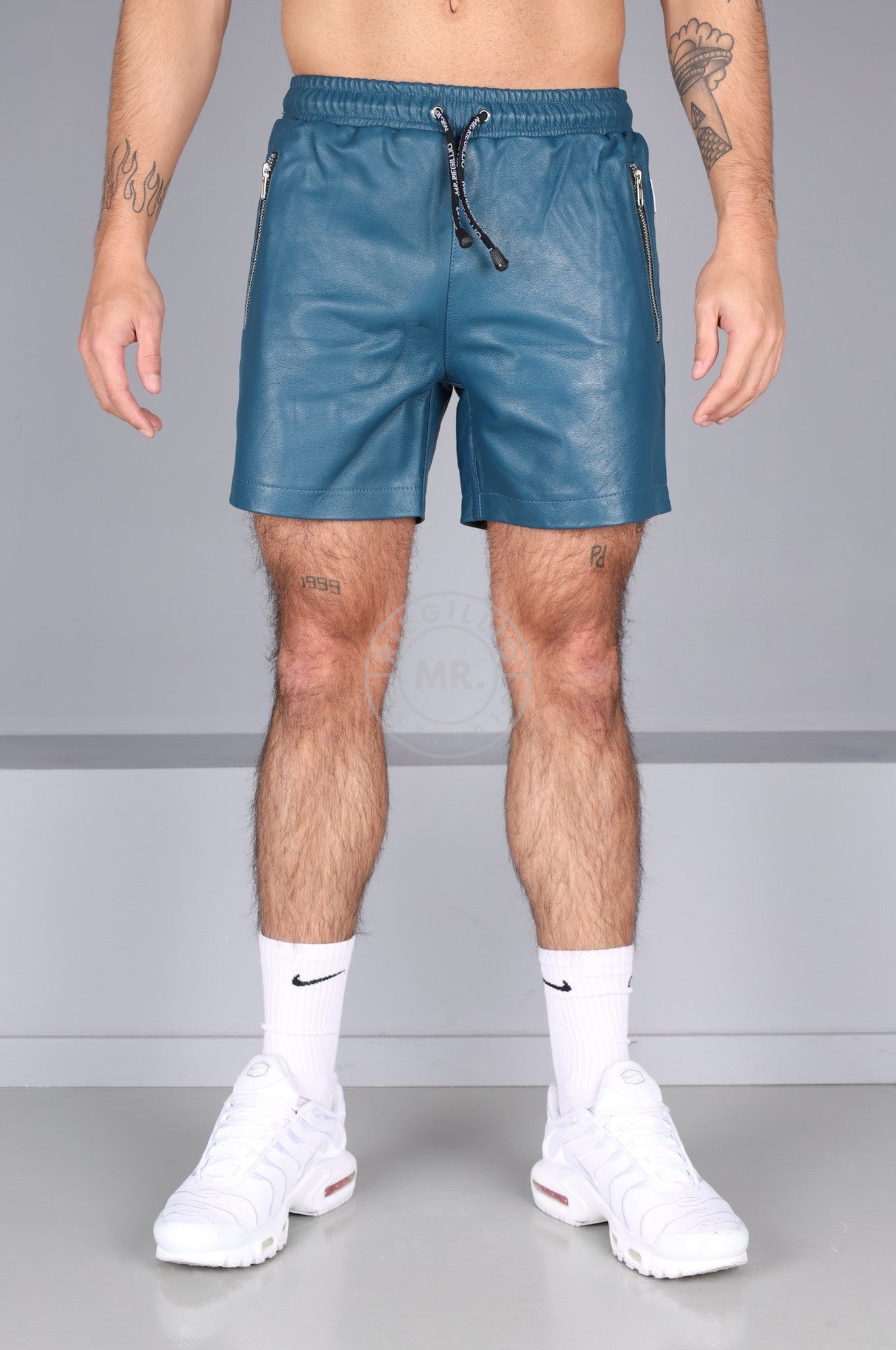 Jeans Blue Leather Track Short at MR. Riegillio