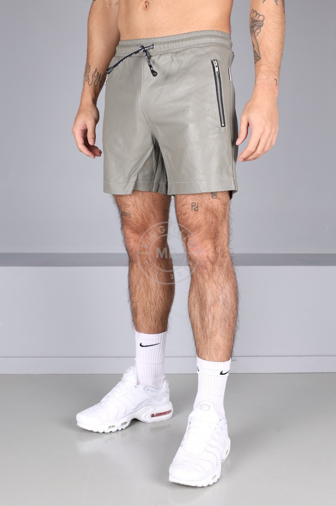 Ash Grey Leather Track Short at MR. Riegillio