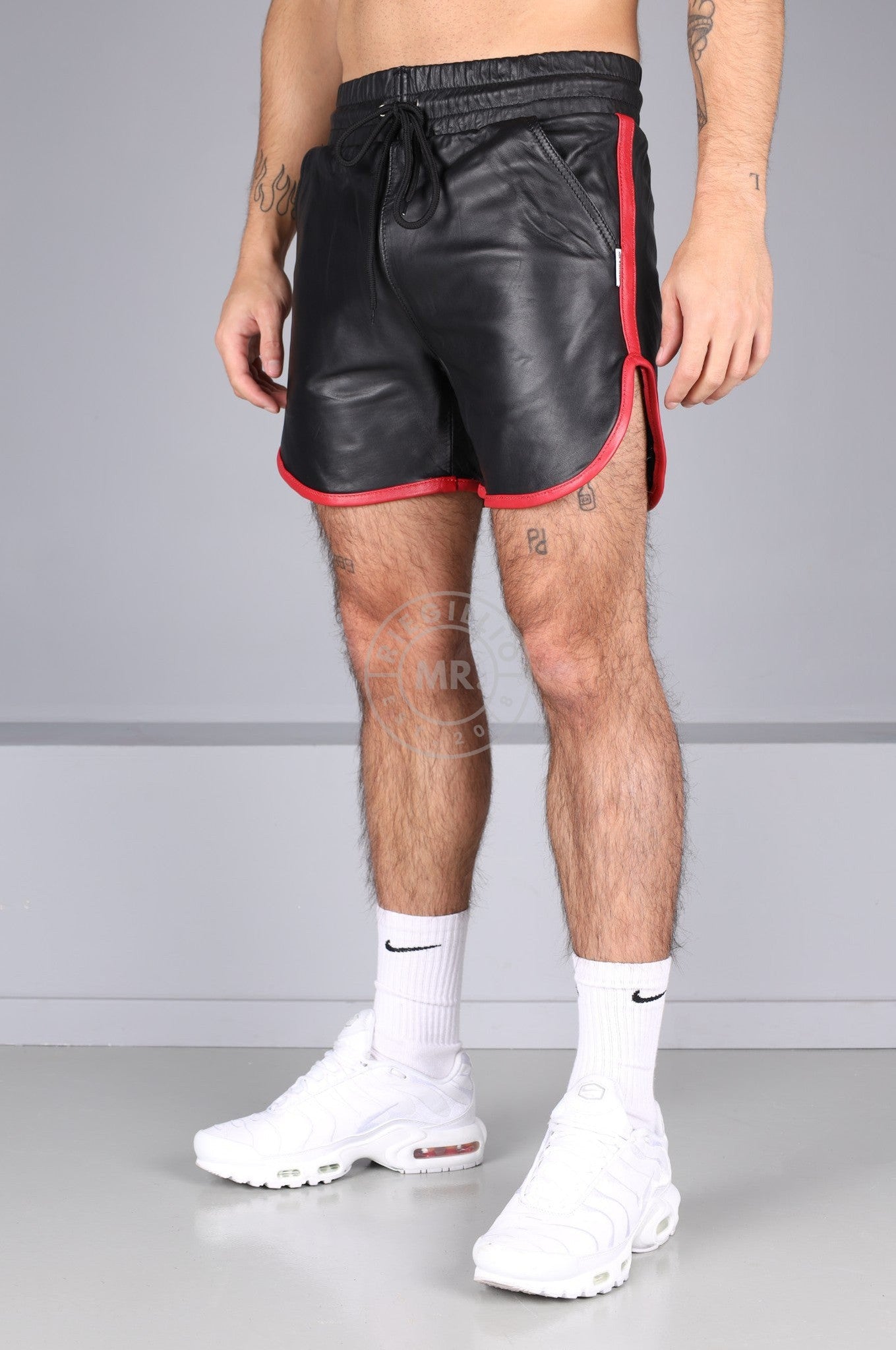 Berlin Black Leather Sport Short - Red Piping at MR. Riegillio