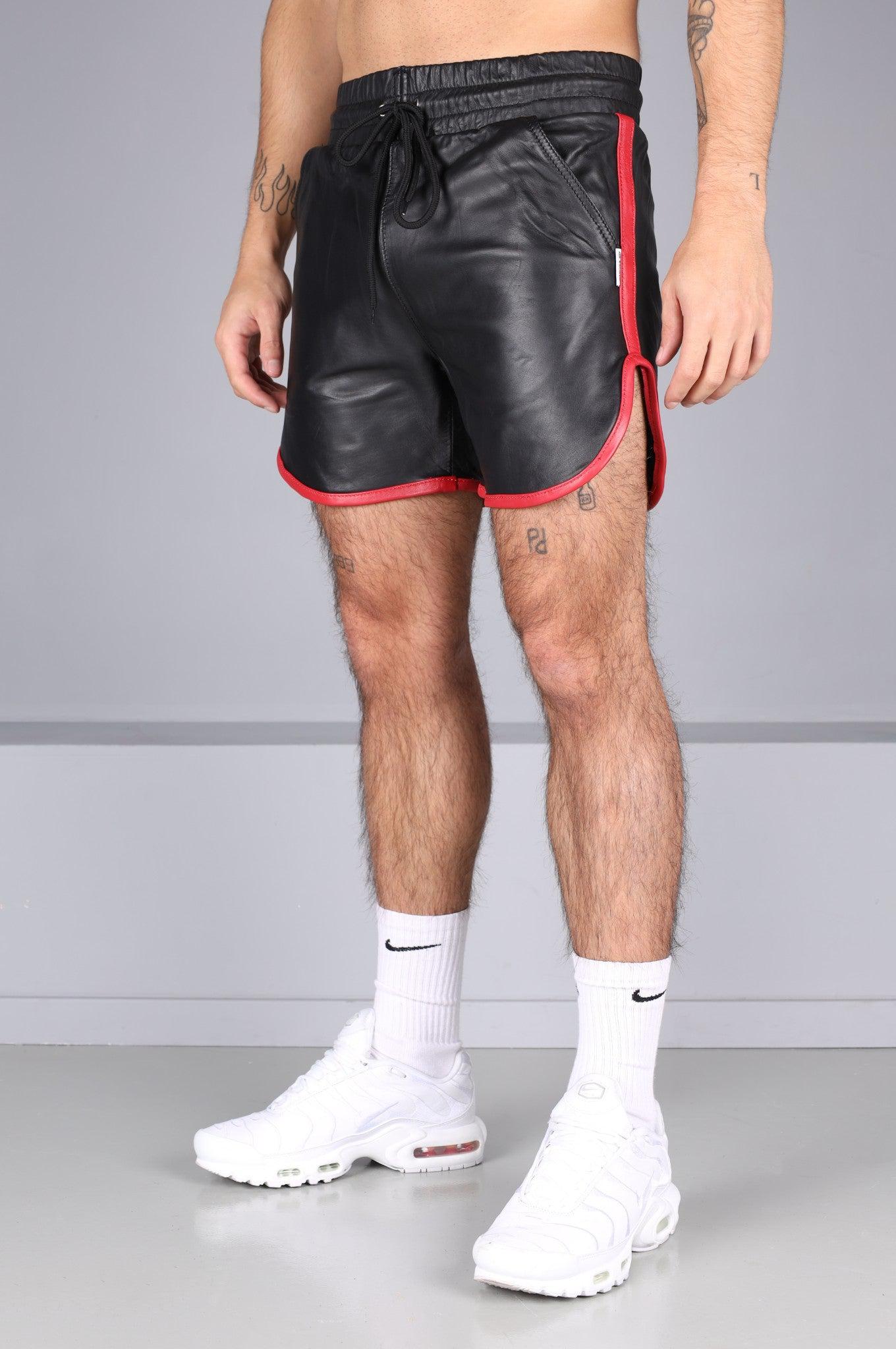 Berlin Black Leather Sport Short - Red Piping at MR. Riegillio