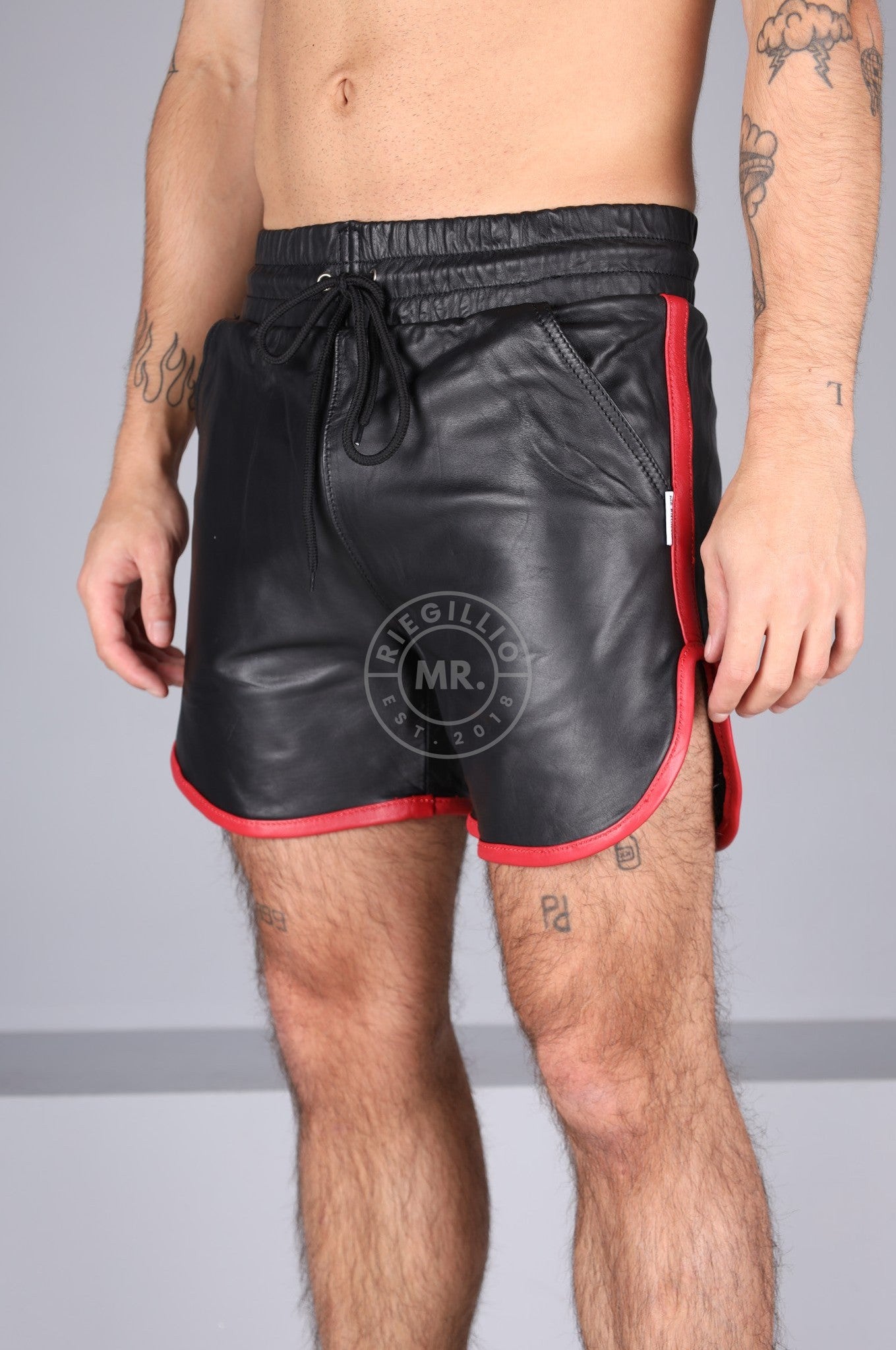 Berlin Black Leather Sport Short - Red Piping at MR. Riegillio