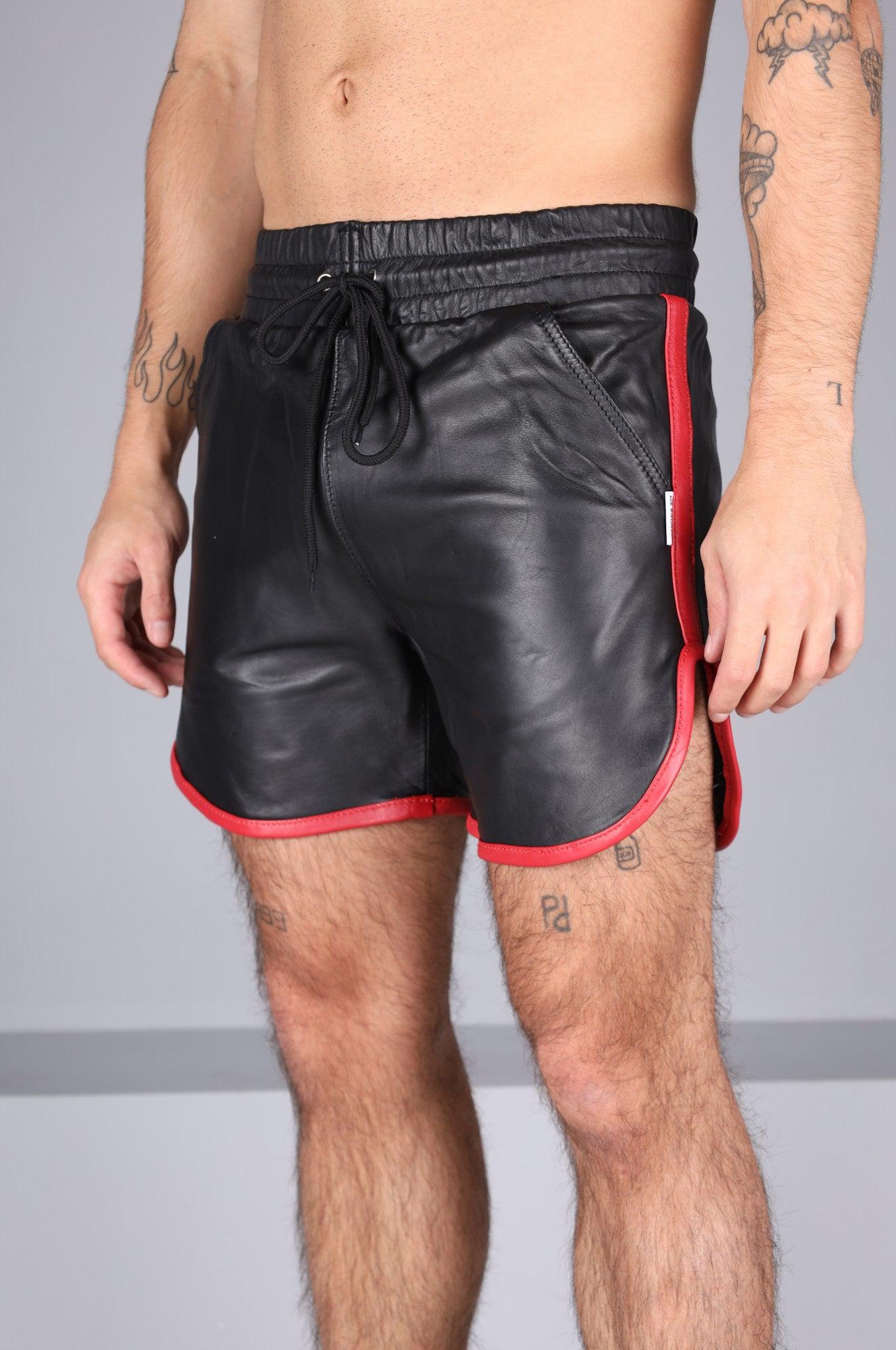 Berlin Black Leather Sport Short - Red Piping at MR. Riegillio