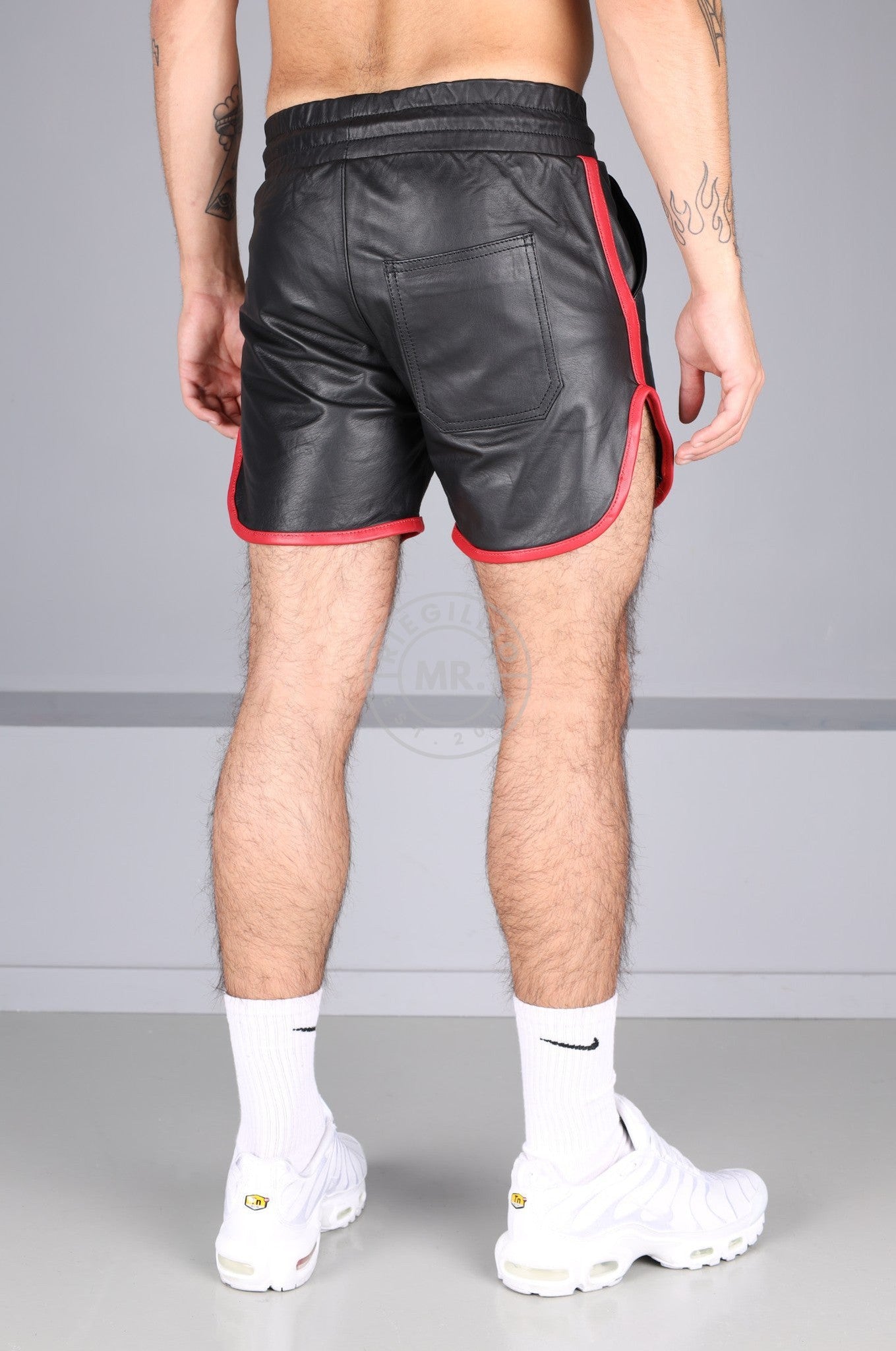 Berlin Black Leather Sport Short - Red Piping at MR. Riegillio