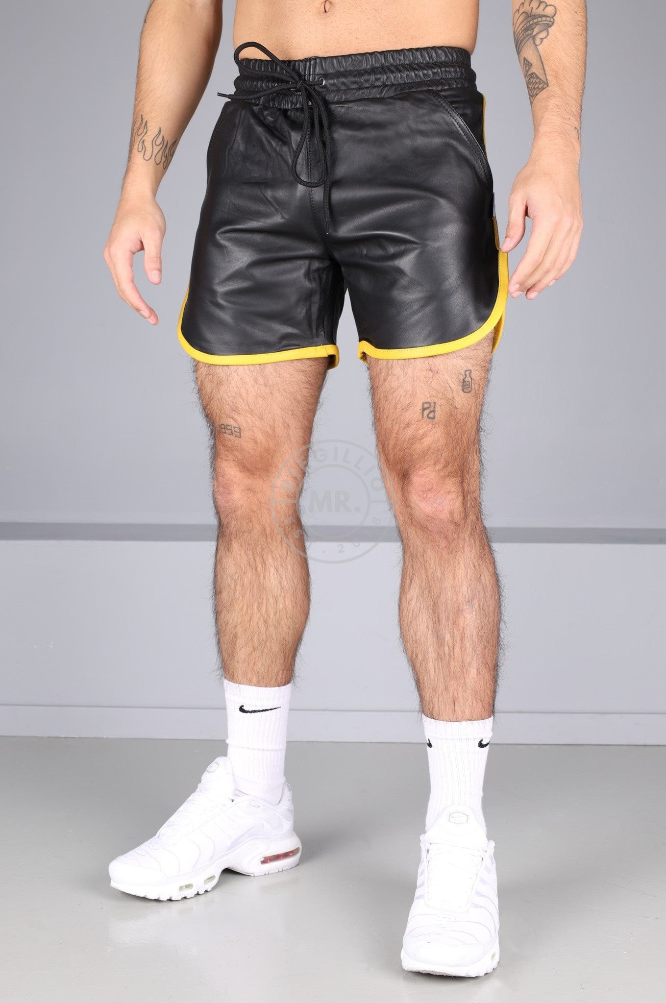 Berlin Black Leather Sport Short - Yellow Piping at MR. Riegillio