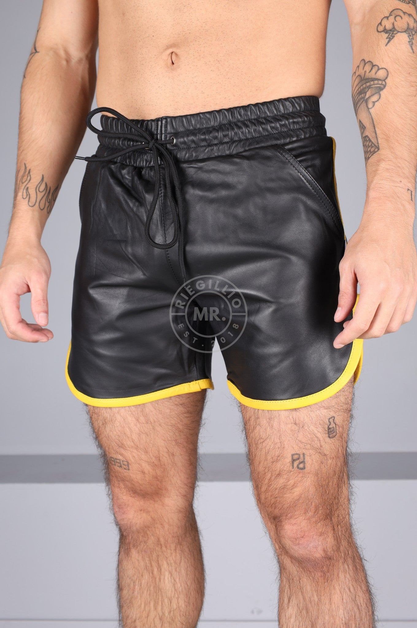 Berlin Black Leather Sport Short - Yellow Piping at MR. Riegillio