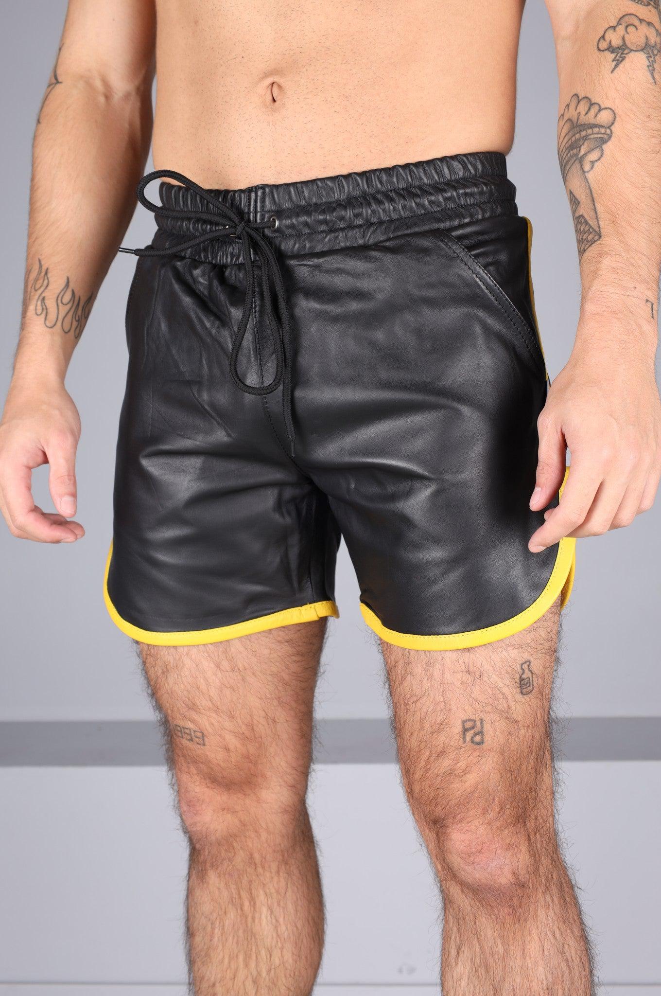 Berlin Black Leather Sport Short - Yellow Piping at MR. Riegillio