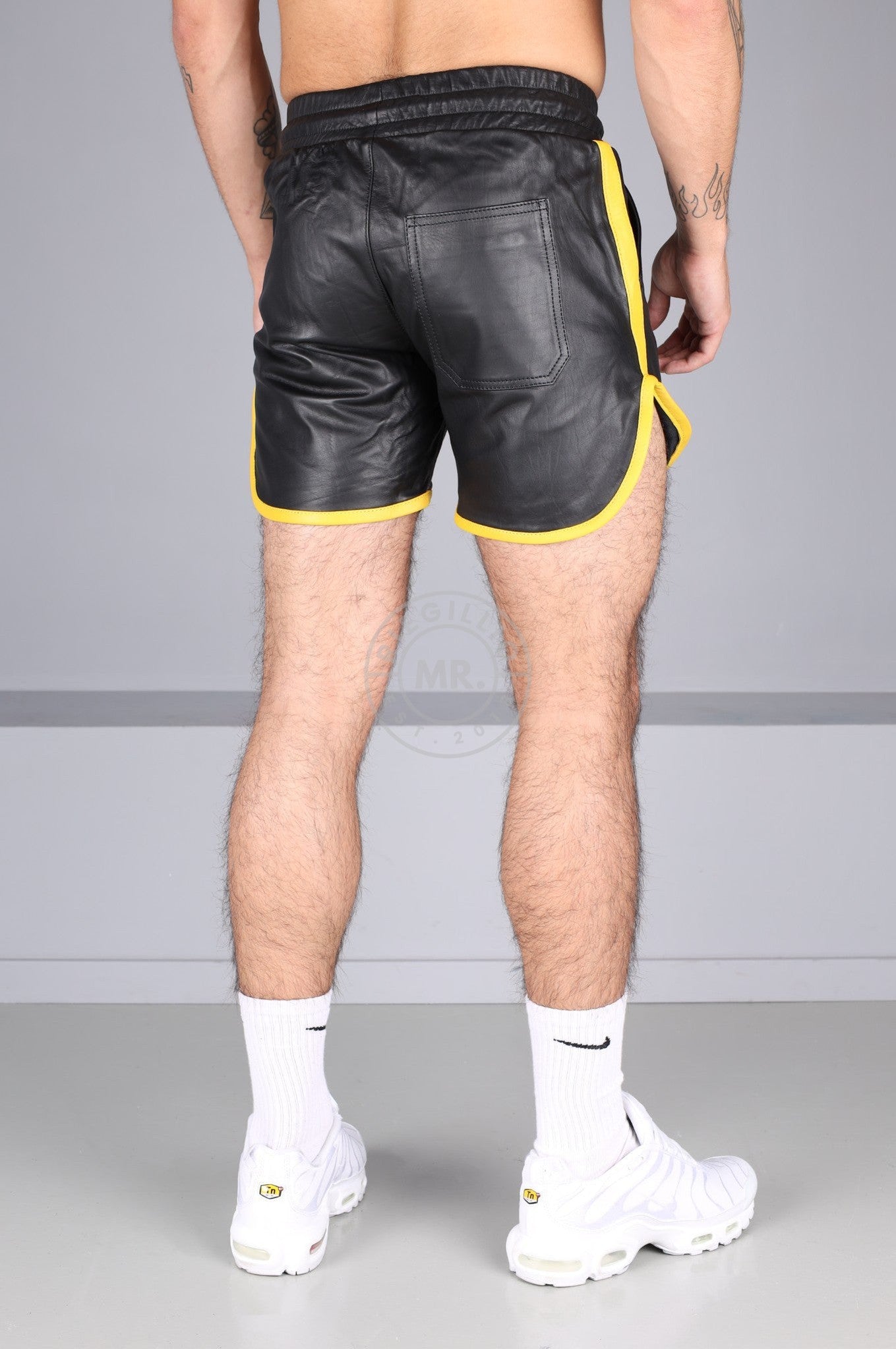 Berlin Black Leather Sport Short - Yellow Piping at MR. Riegillio