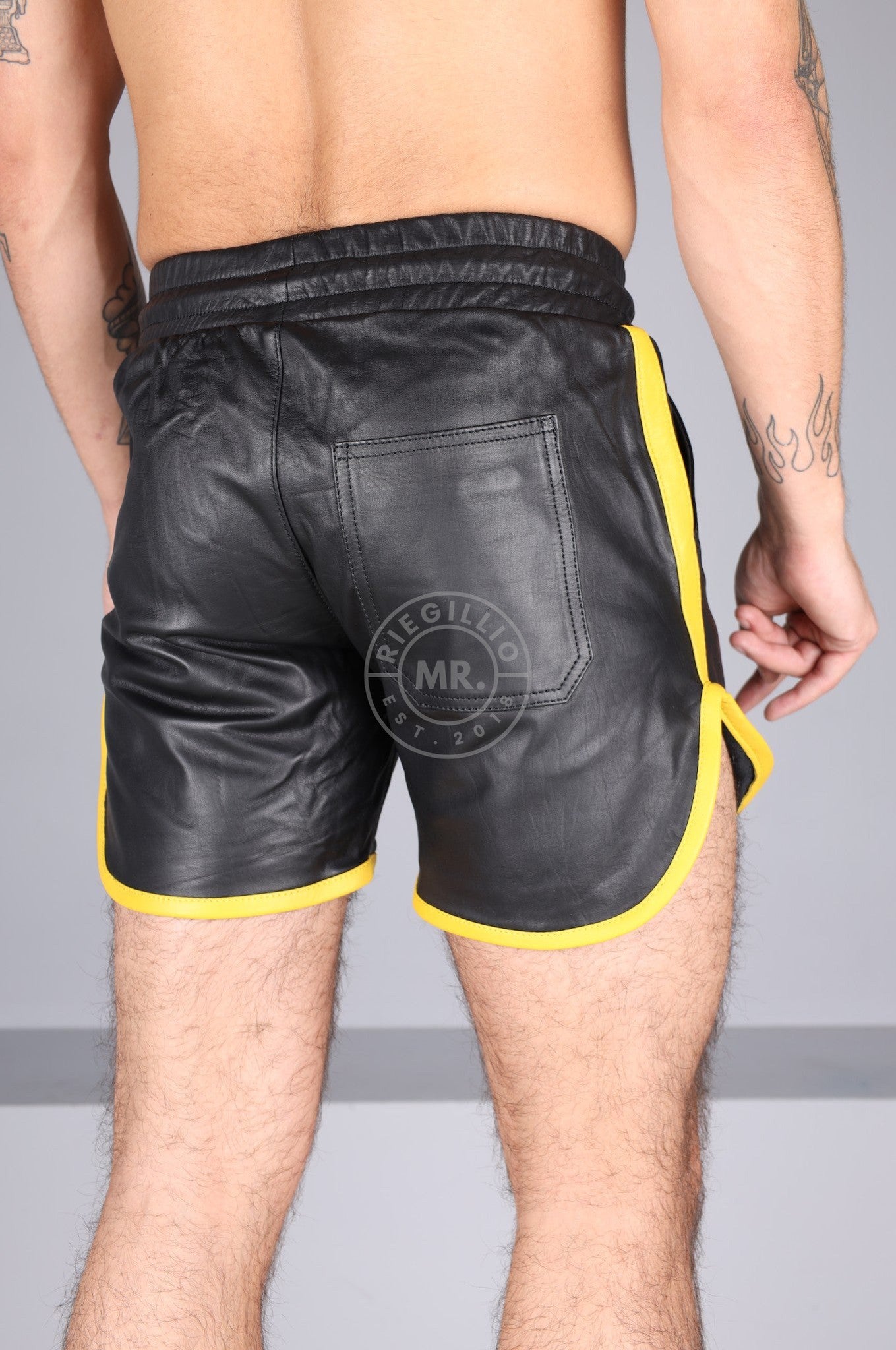 Berlin Black Leather Sport Short - Yellow Piping at MR. Riegillio