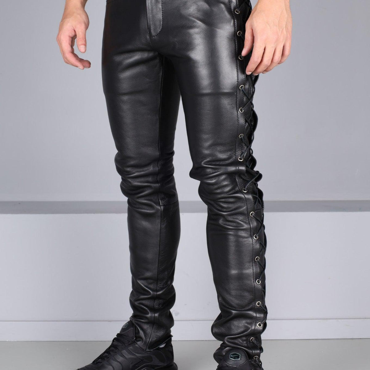 Berlin Black Leather 5 Pocket Lace Up Pants by MR. Riegillio