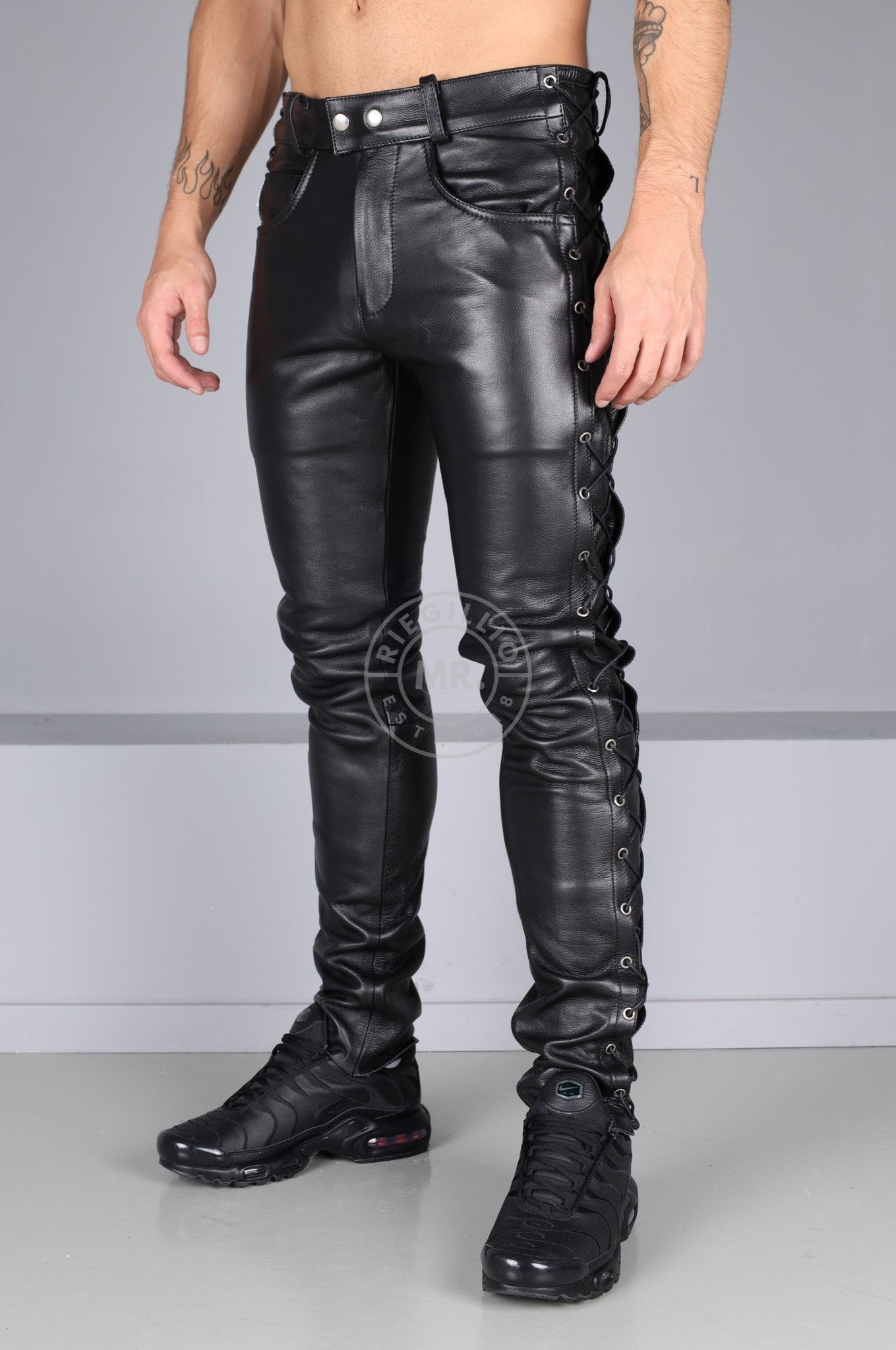 Berlin Black Leather 5 Pocket Lace Up Pants at MR. Riegillio