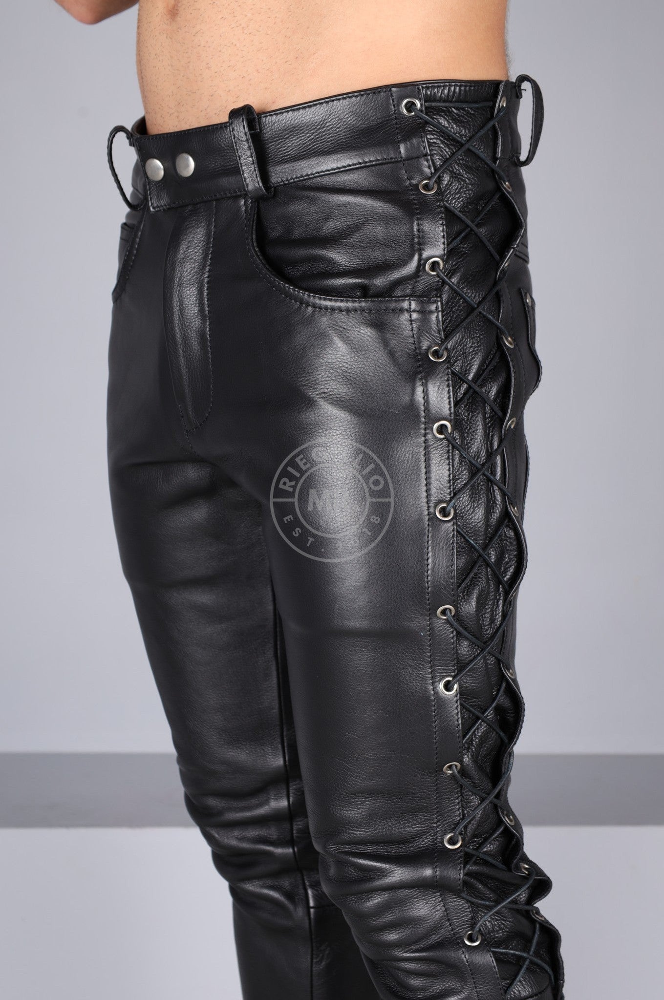 Berlin Black Leather 5 Pocket Lace Up Pants at MR. Riegillio