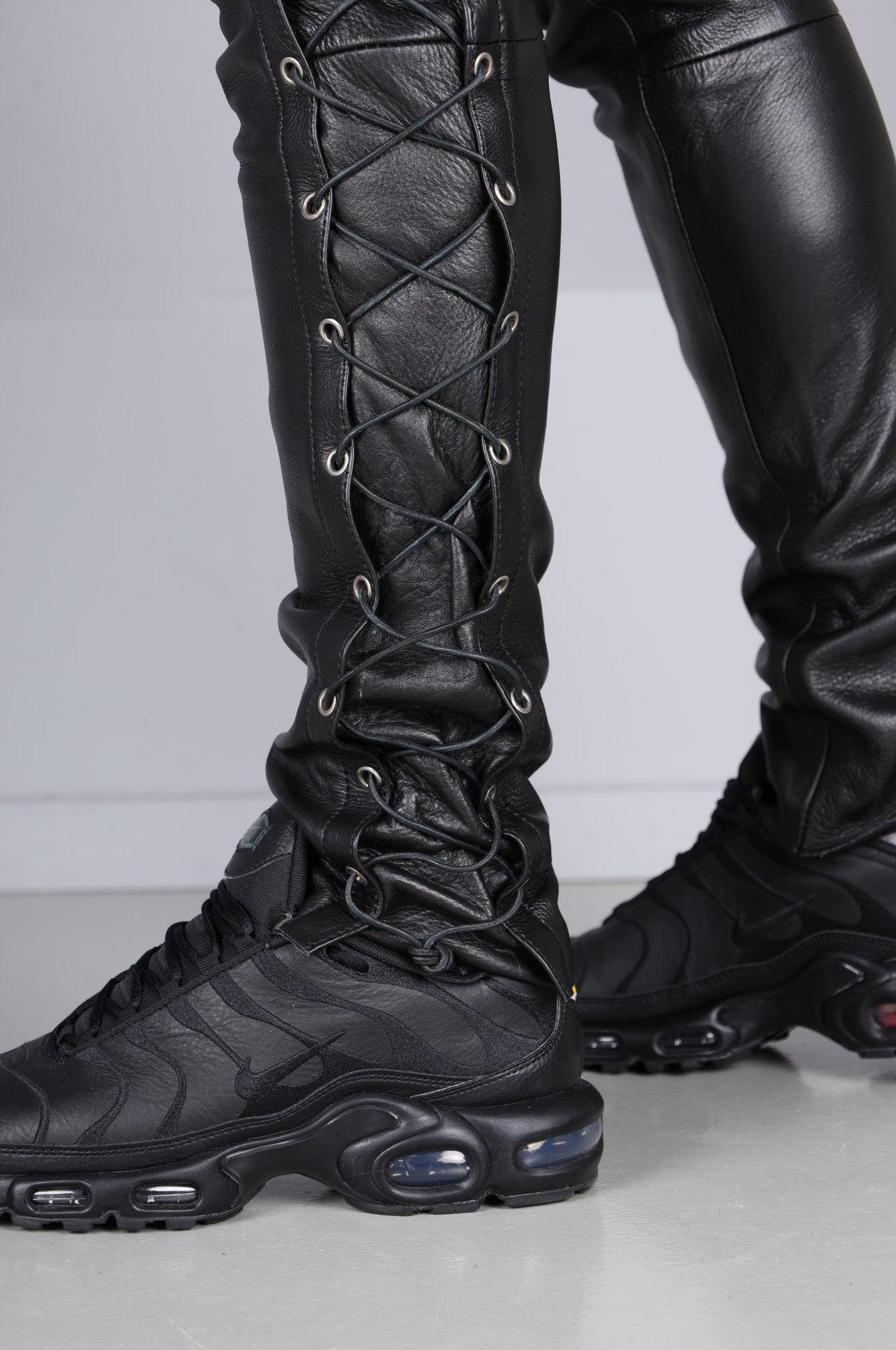 Berlin Black Leather 5 Pocket Lace Up Pants at MR. Riegillio