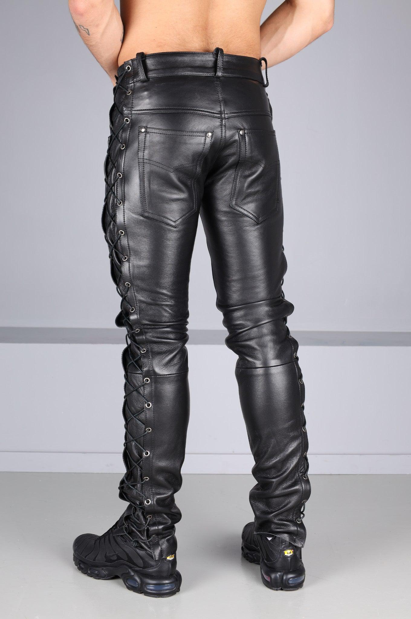 Berlin Black Leather 5 Pocket Lace Up Pants at MR. Riegillio