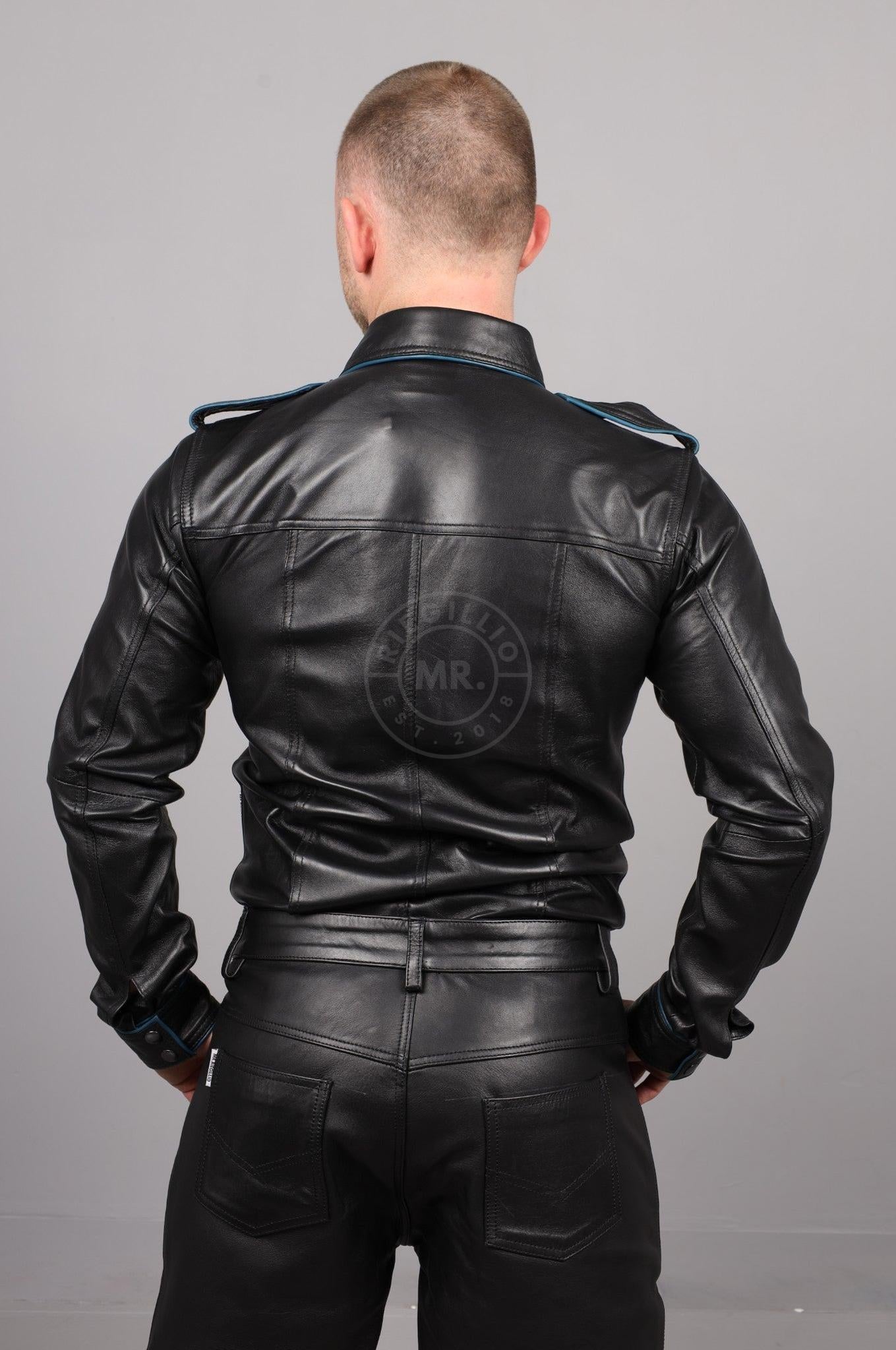 Black Leather Shirt Long Sleeves - Jeans Blue Piping at MR. Riegillio