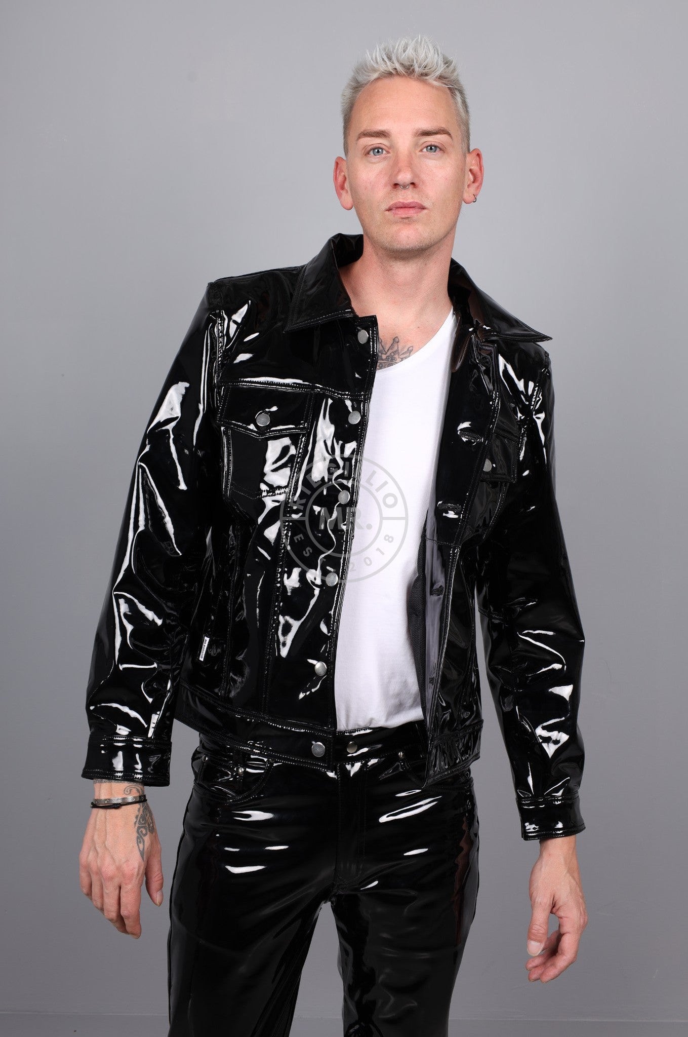 Black Heavy PVC Trucker Jacket at MR. Riegillio