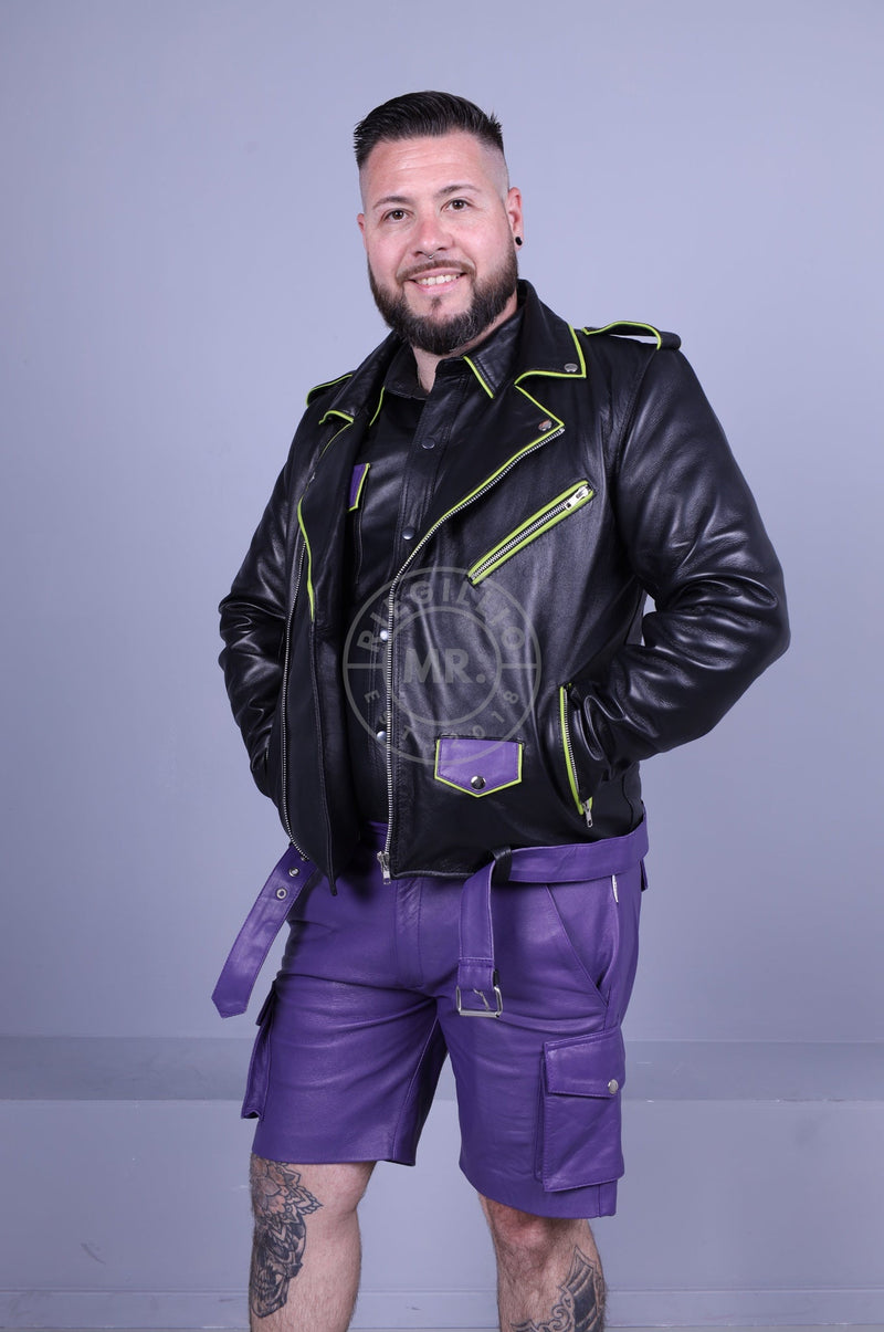 Black Leather Brando Jacket - Lime Piping at MR. Riegillio