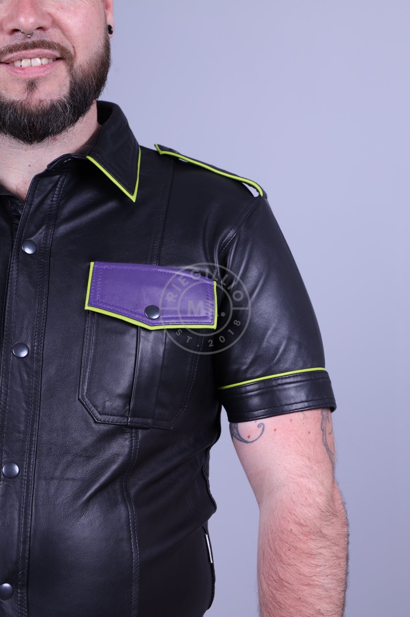 Black Leather Shirt - Lime Piping at MR. Riegillio