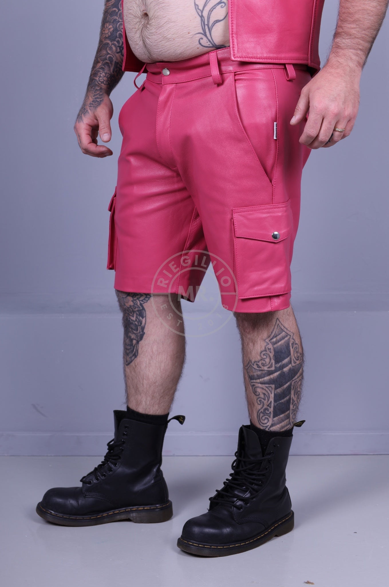 Pink Leather Cargo Short at MR. Riegillio
