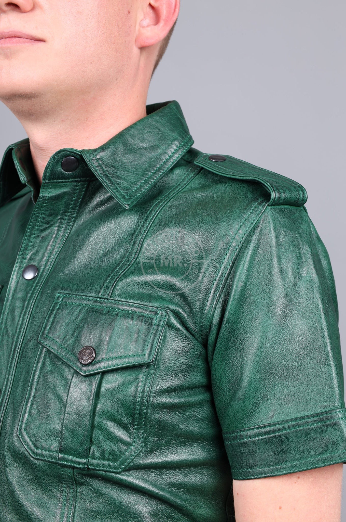 Washed Dark Green Leather Shirt at MR. Riegillio