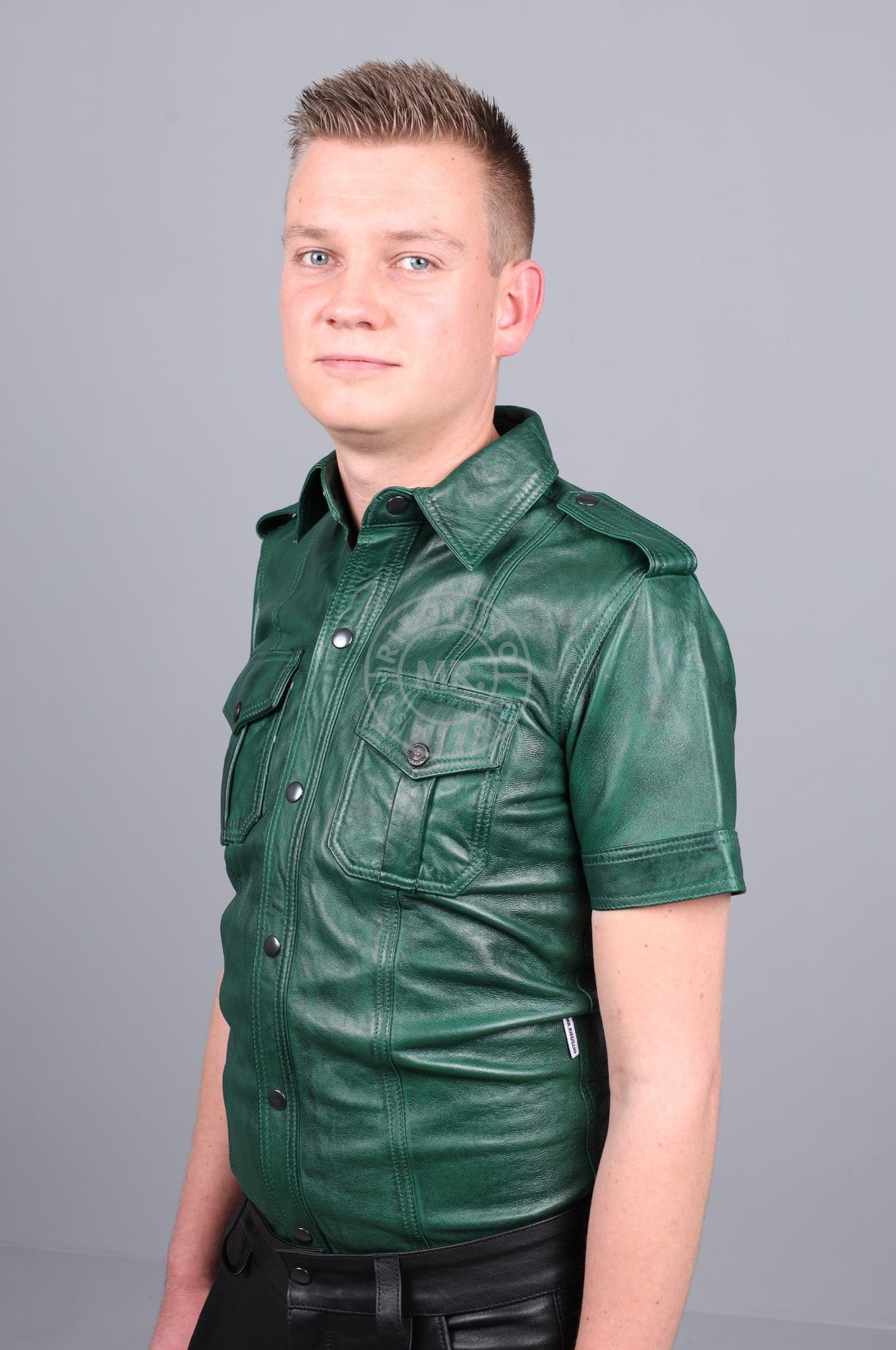 Washed Dark Green Leather Shirt at MR. Riegillio