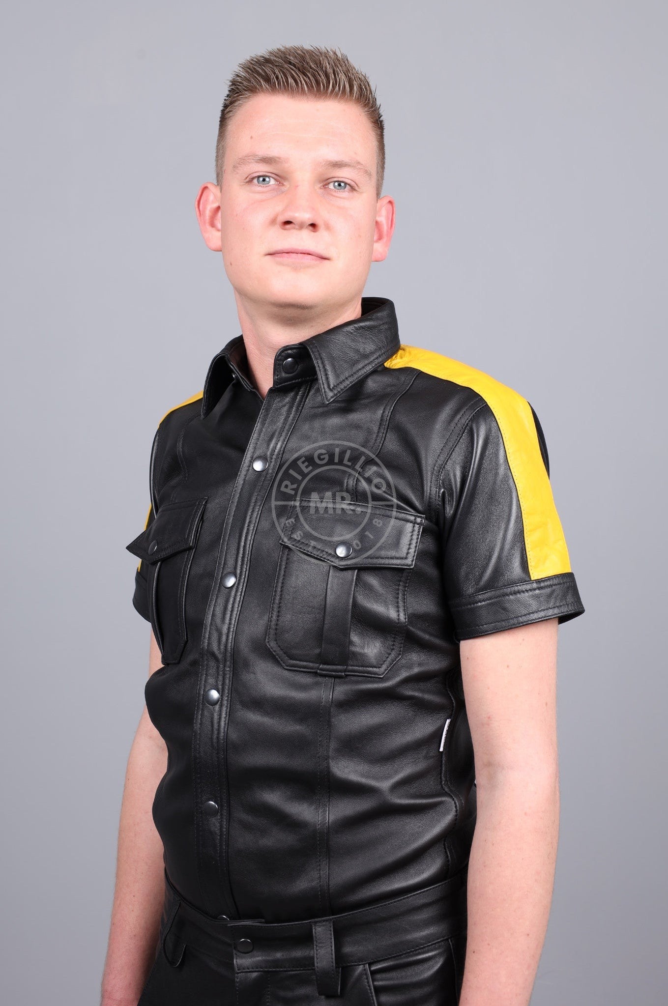 Black Leather Shirt - Yellow Taping at MR. Riegillio