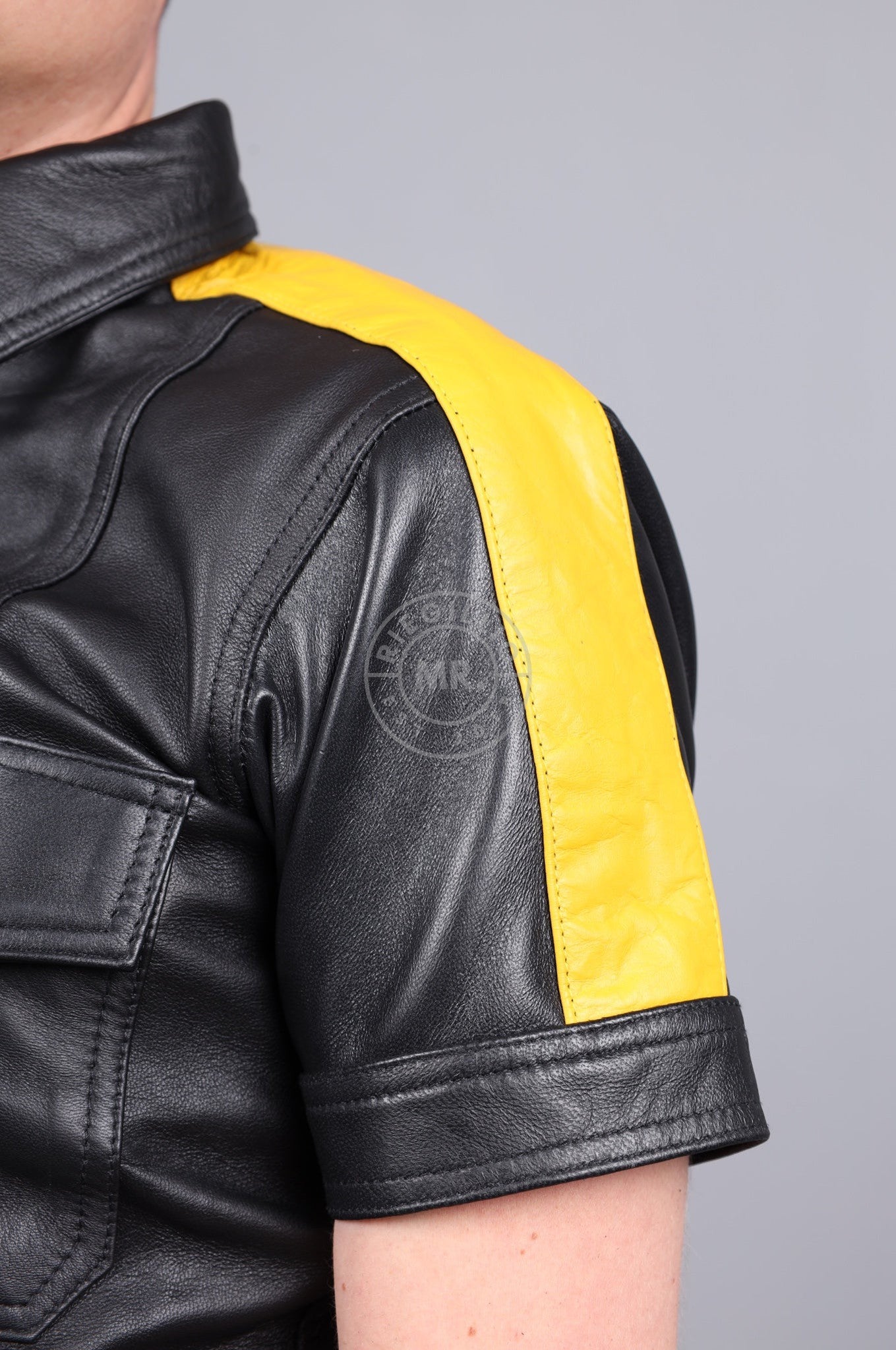 Black Leather Shirt - Yellow Taping at MR. Riegillio