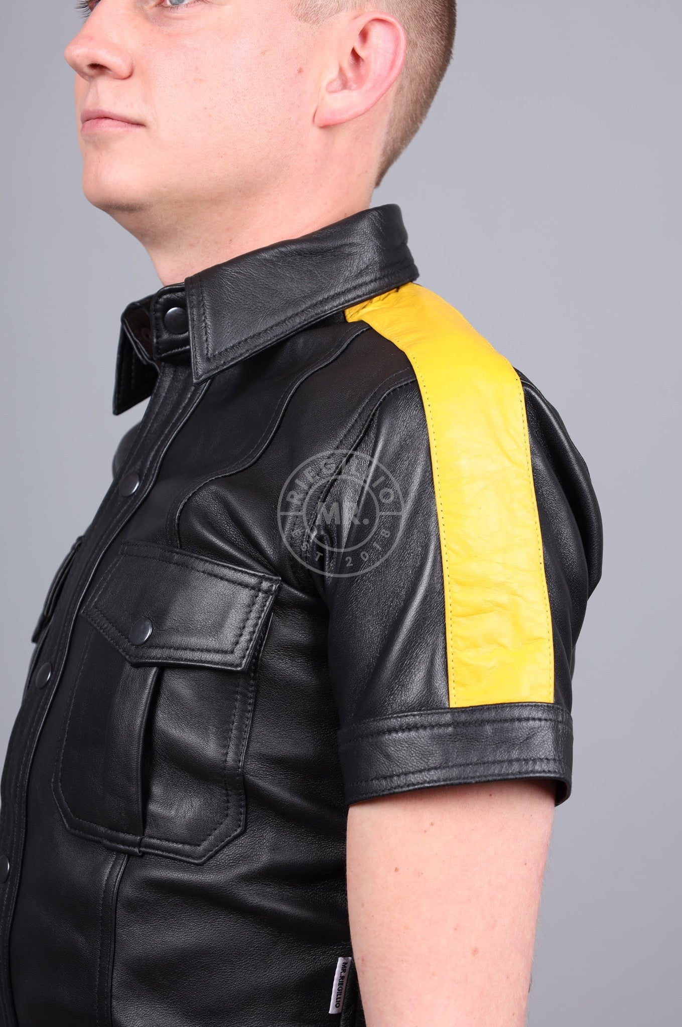 Black Leather Shirt - Yellow Taping at MR. Riegillio