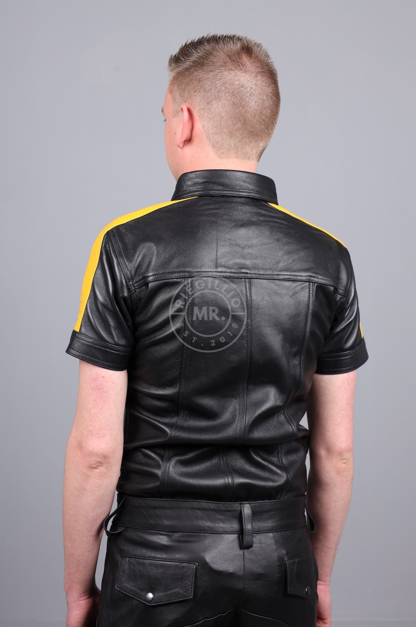 Black Leather Shirt - Yellow Taping at MR. Riegillio