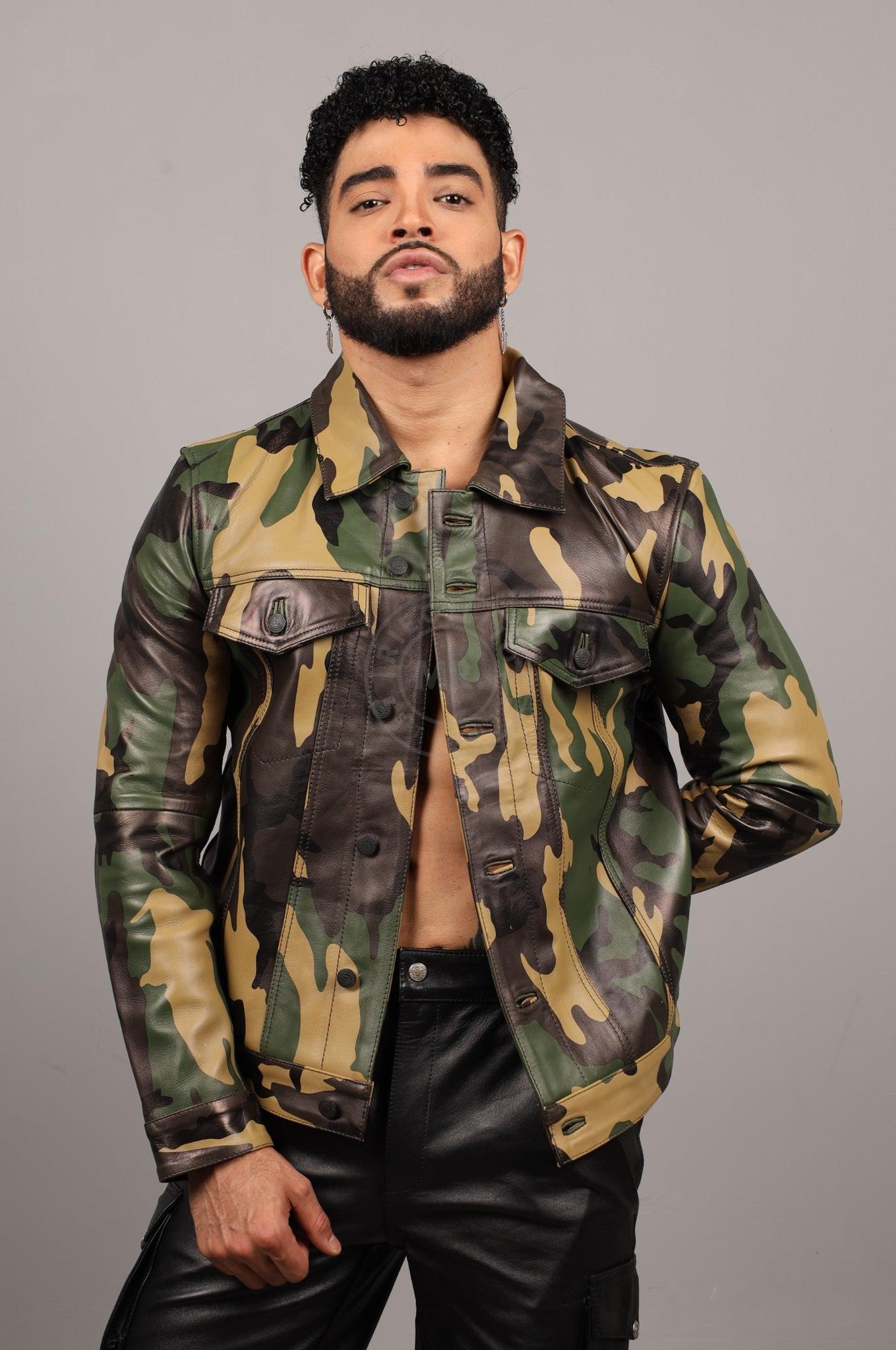 Green Camo Leather Trucker Jacket at MR. Riegillio