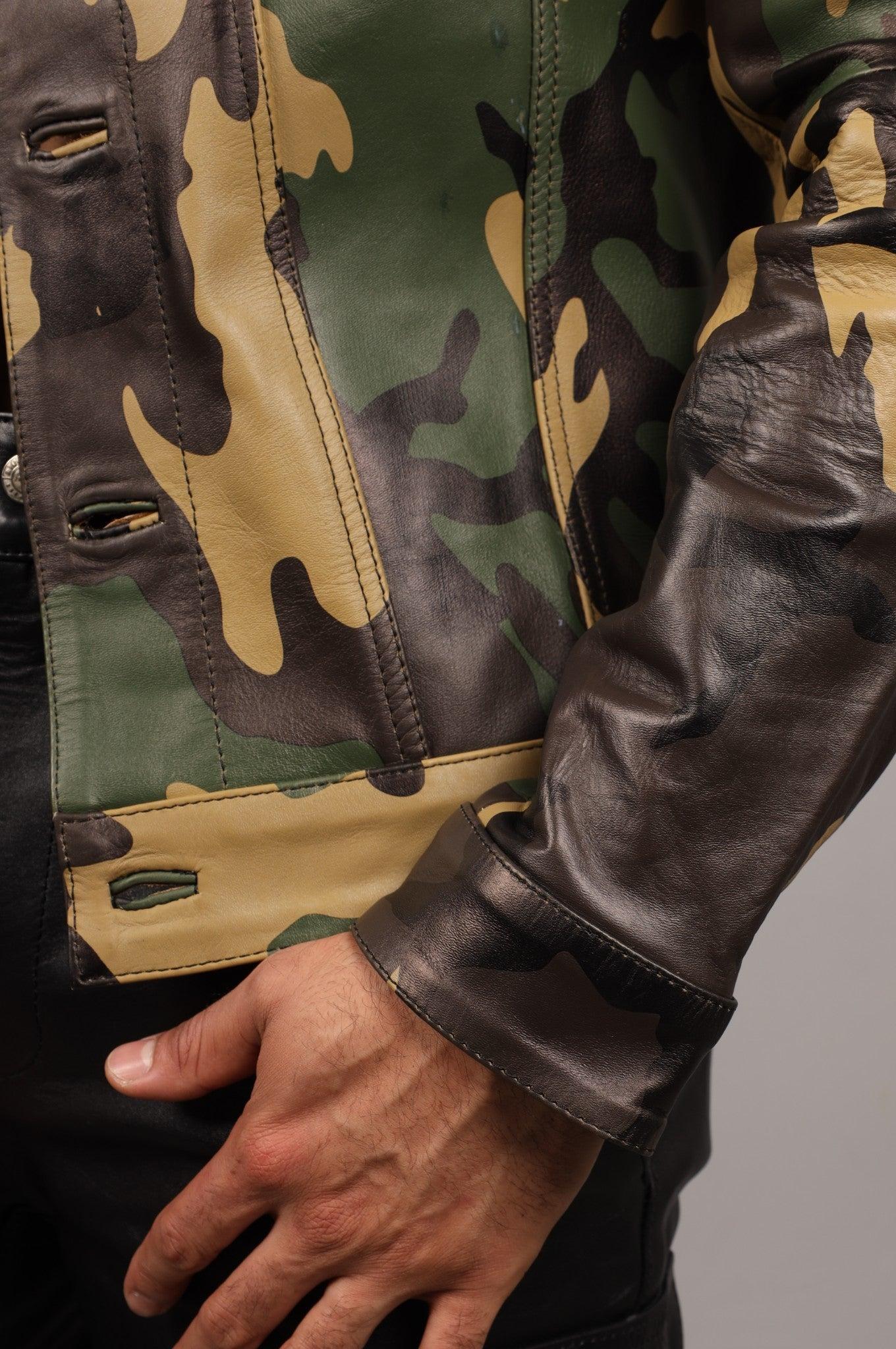 Green Camo Leather Trucker Jacket at MR. Riegillio