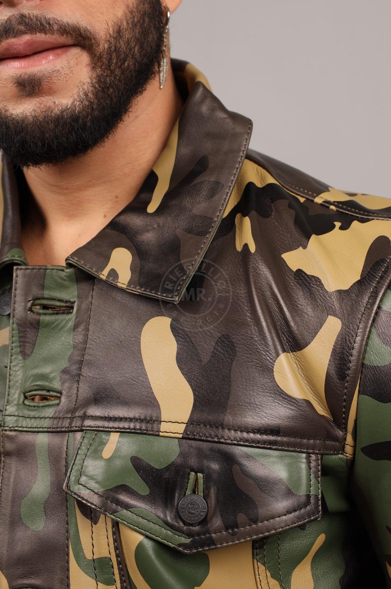 Green Camo Leather Trucker Jacket at MR. Riegillio
