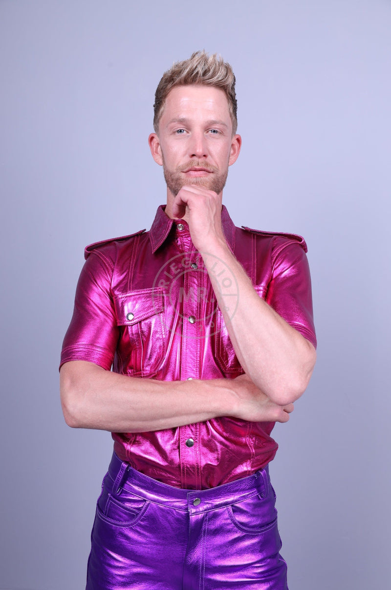 Pink Metallic Leather Shirt at MR. Riegillio