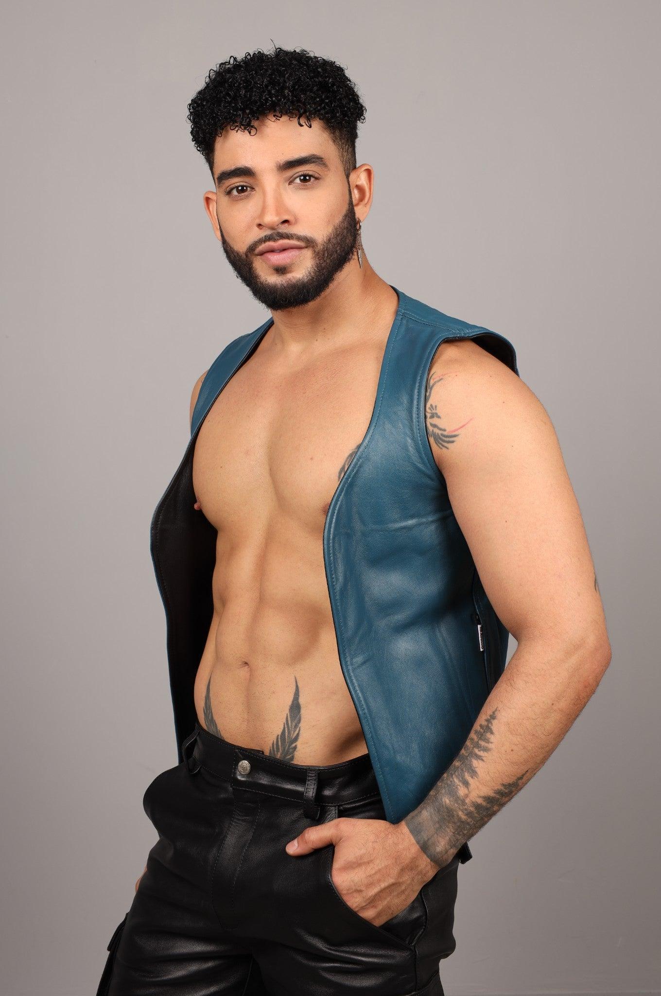 Black Leather Reversible Waistcoat - Jeans Blue at MR. Riegillio