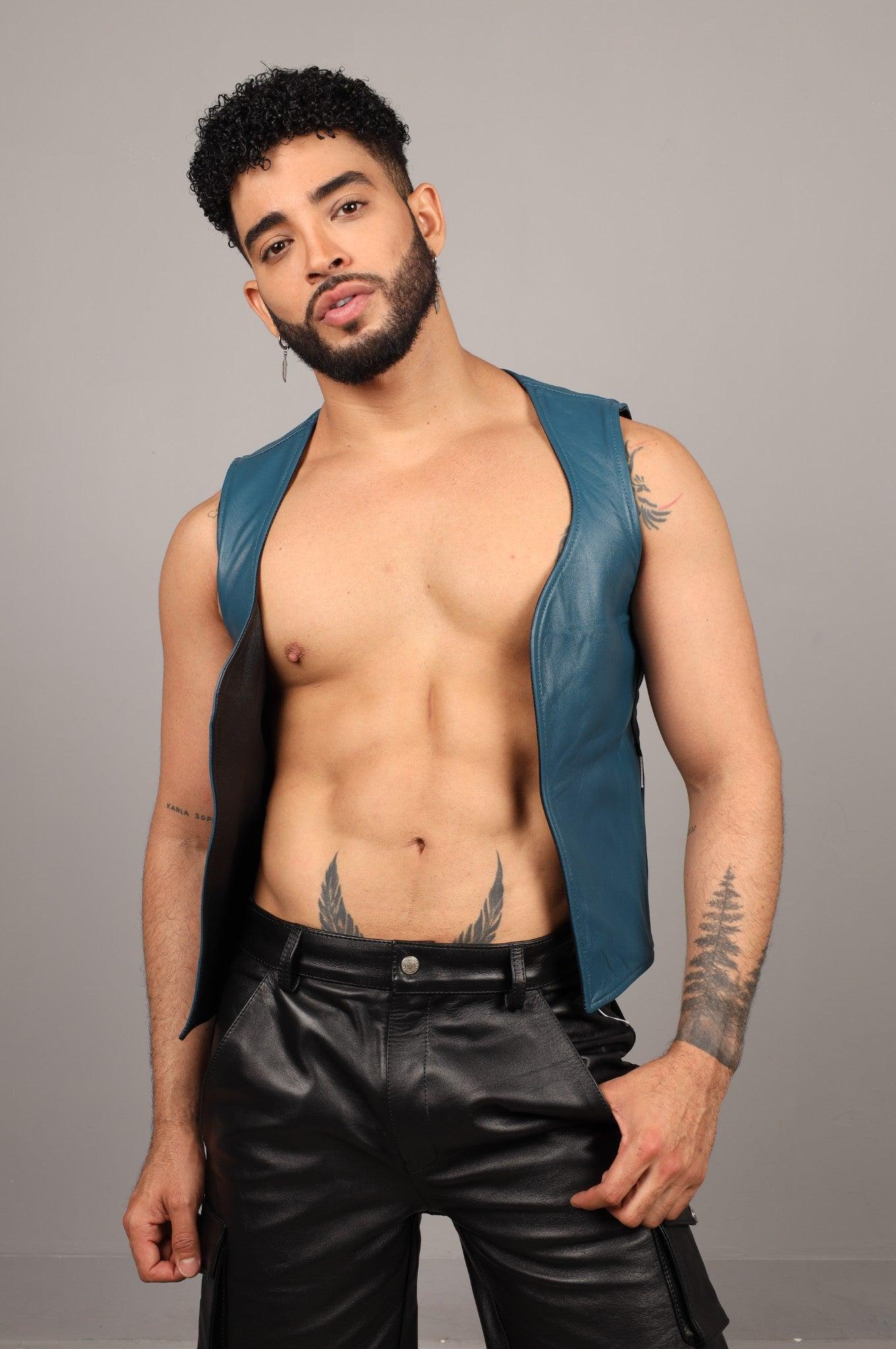 Black Leather Reversible Waistcoat - Jeans Blue at MR. Riegillio