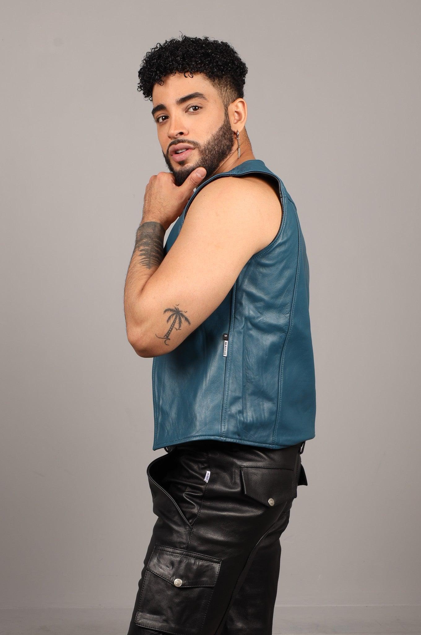 Black Leather Reversible Waistcoat - Jeans Blue at MR. Riegillio