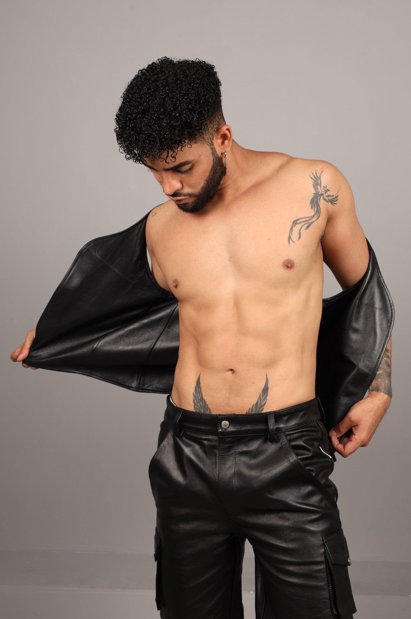 Black Leather Reversible Waistcoat - Jeans Blue at MR. Riegillio