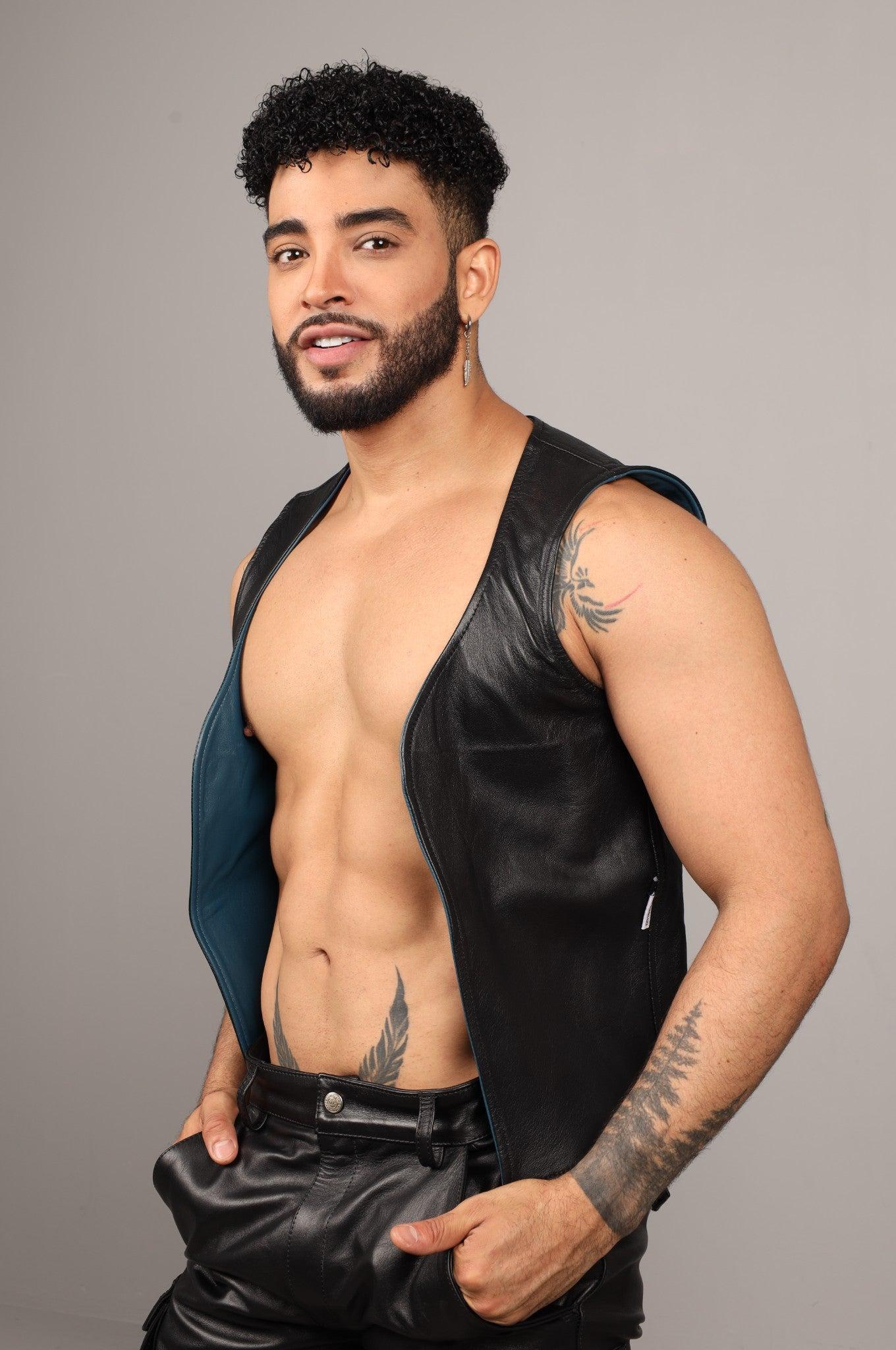 Black Leather Reversible Waistcoat - Jeans Blue at MR. Riegillio