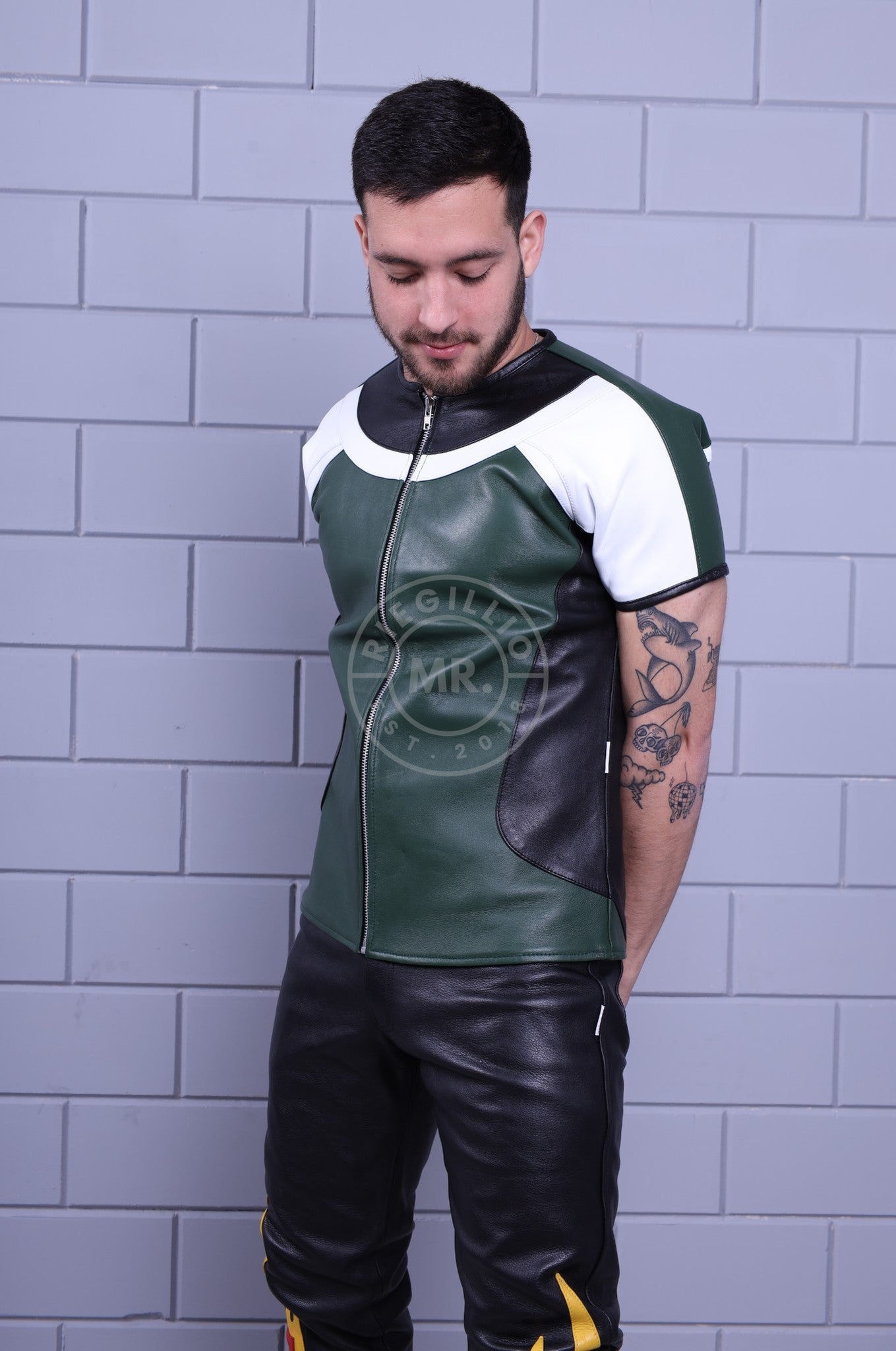 Leather Biker Shirt - Dark Green at MR. Riegillio