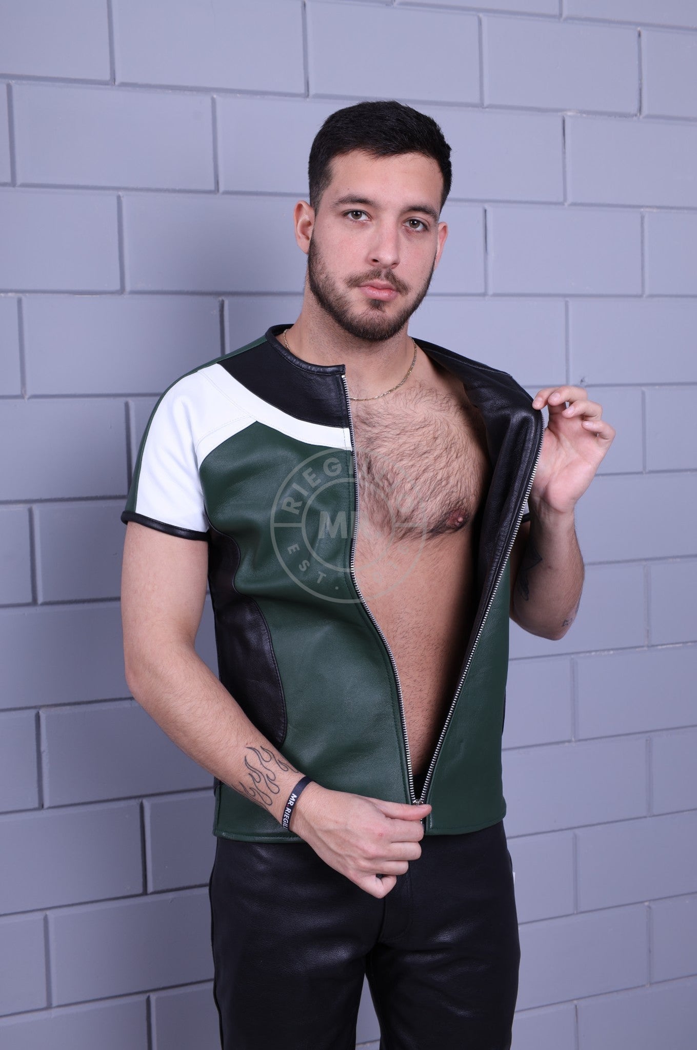 Leather Biker Shirt - Dark Green at MR. Riegillio