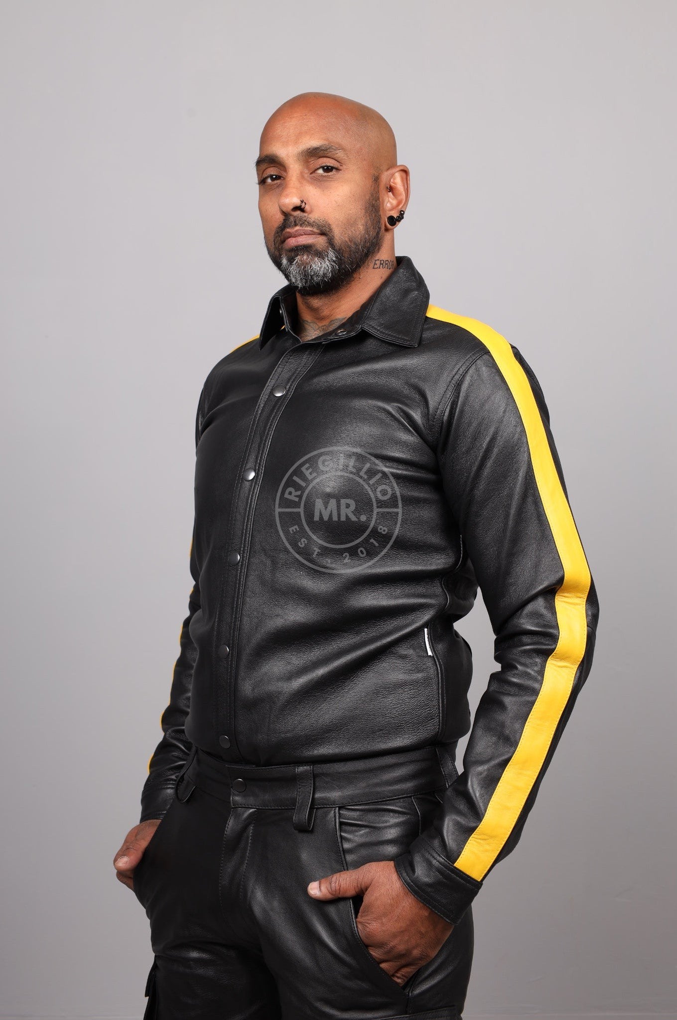 Black Leather Shirt Long Sleeves - Yellow Taping at MR. Riegillio