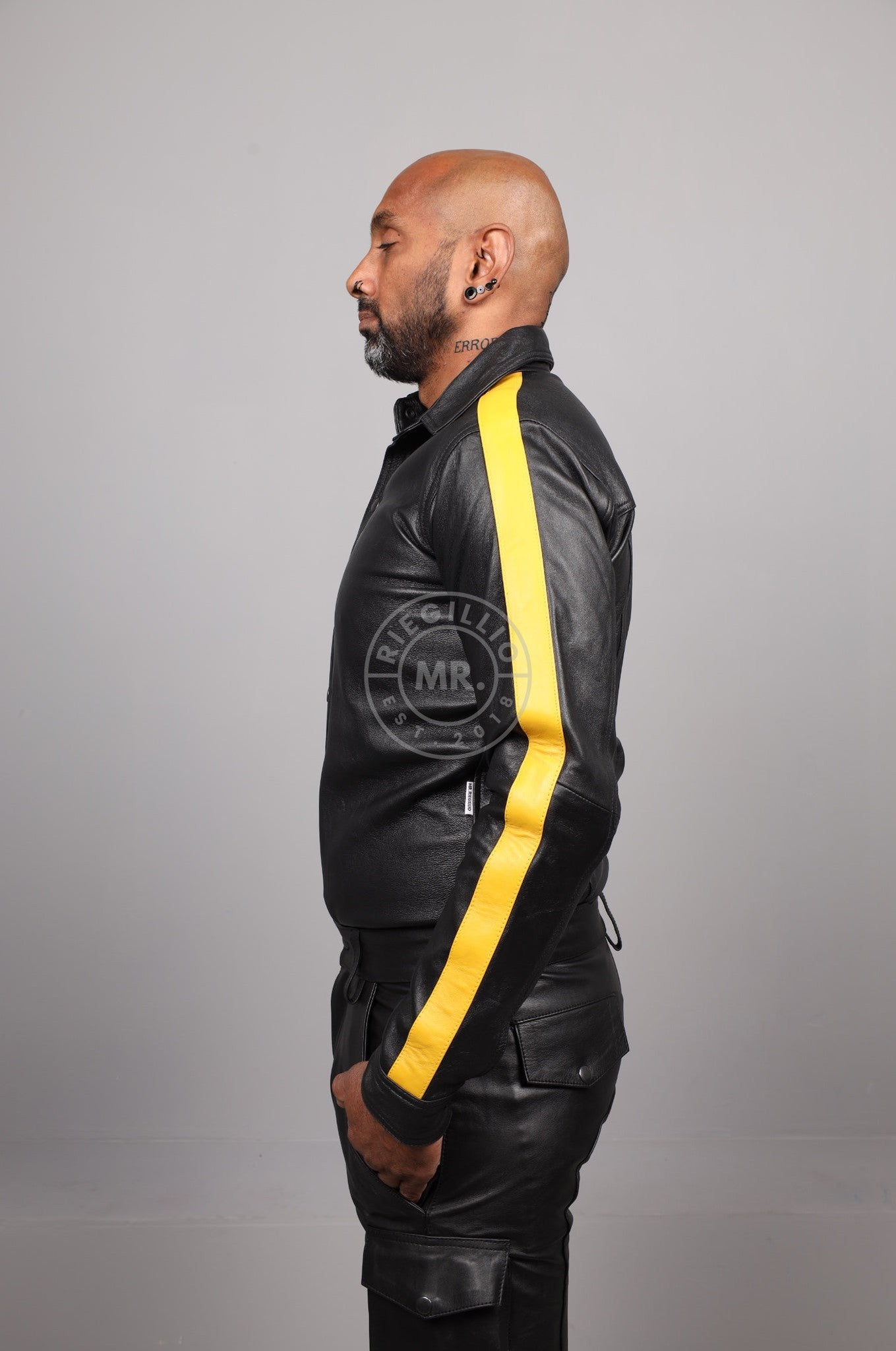 Black Leather Shirt Long Sleeves - Yellow Taping at MR. Riegillio