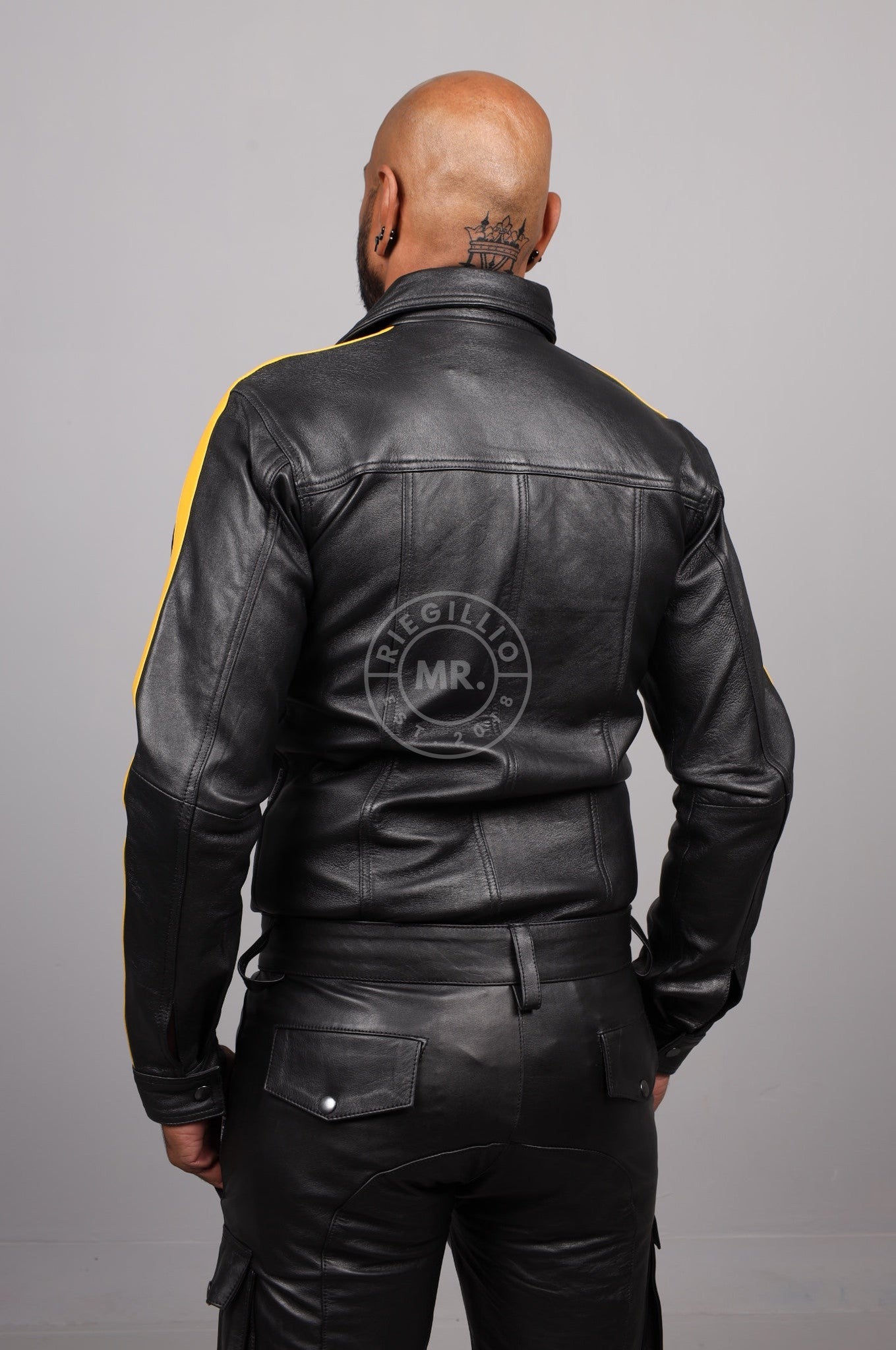 Black Leather Shirt Long Sleeves - Yellow Taping at MR. Riegillio