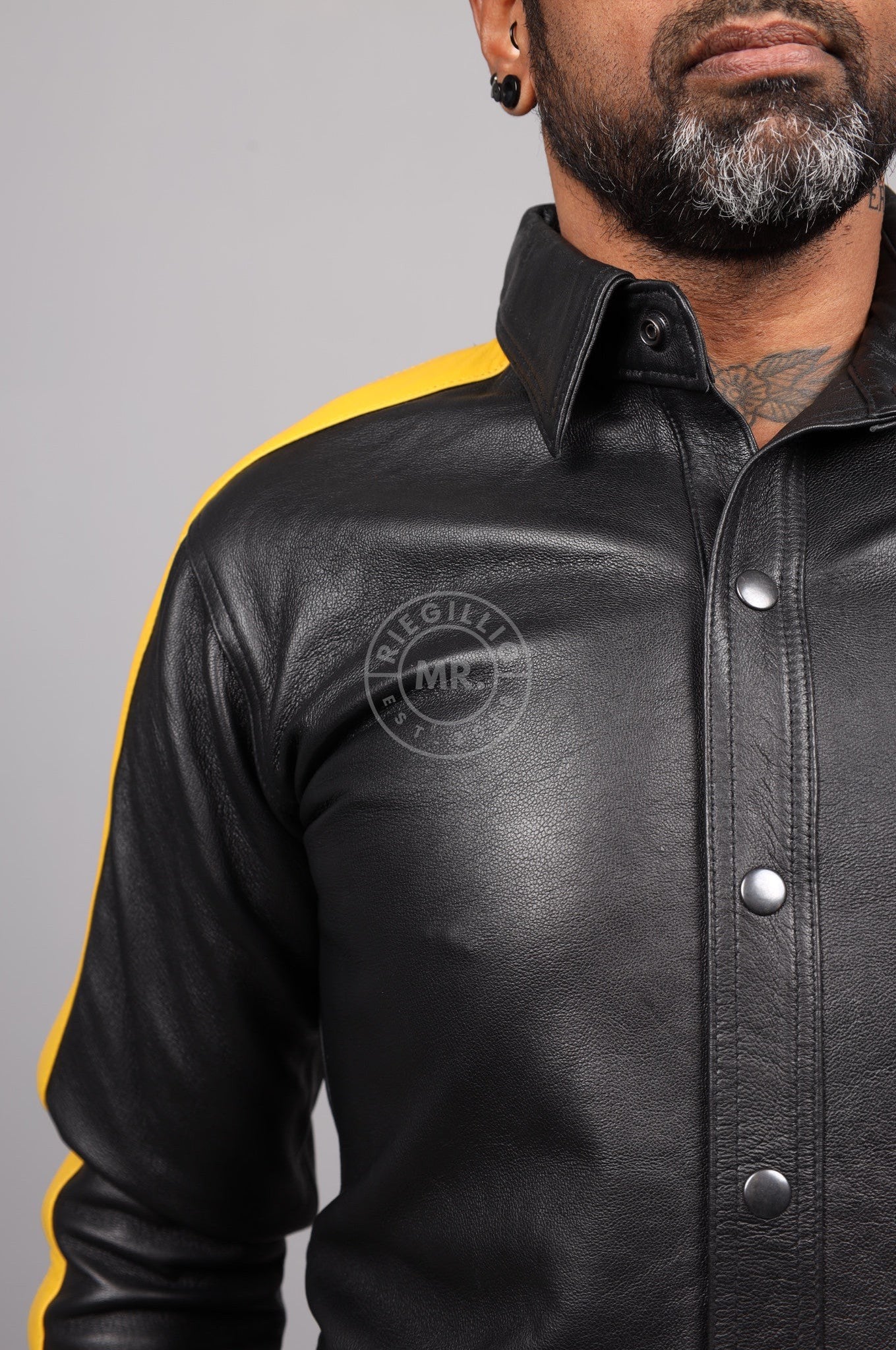 Black Leather Shirt Long Sleeves - Yellow Taping at MR. Riegillio