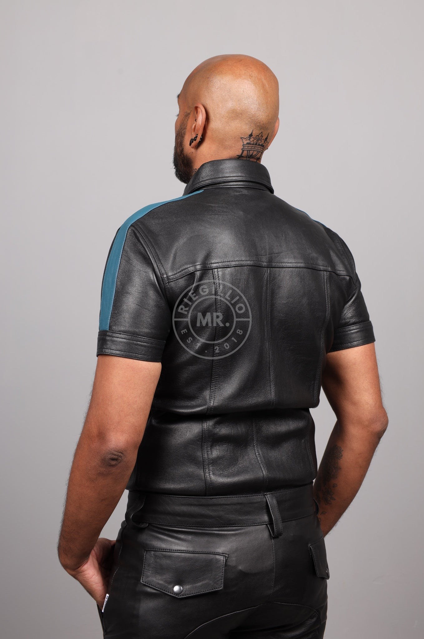 Black Leather Shirt - Jeans Blue Taping at MR. Riegillio