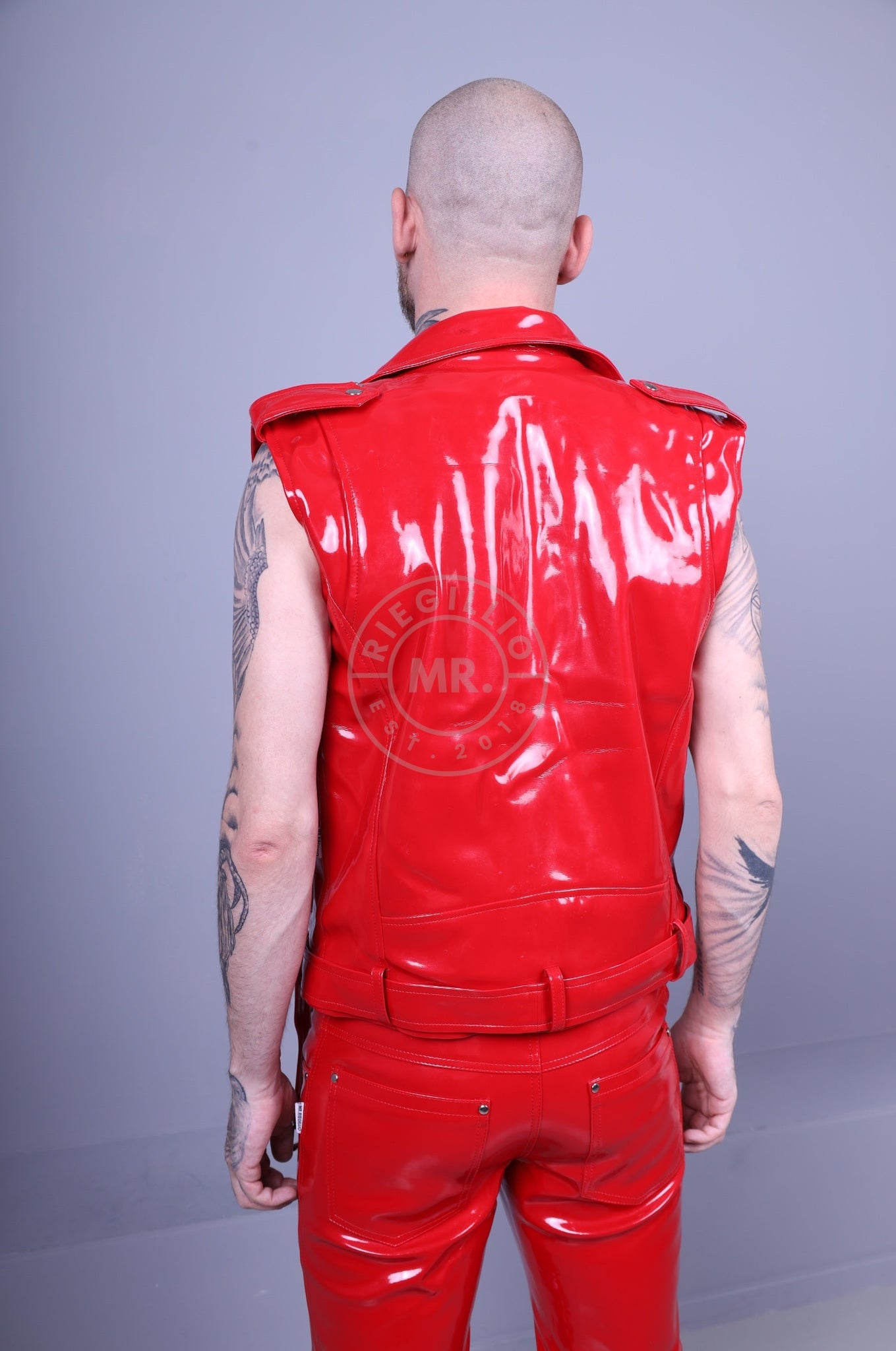 Red sleeveless leather on sale jacket