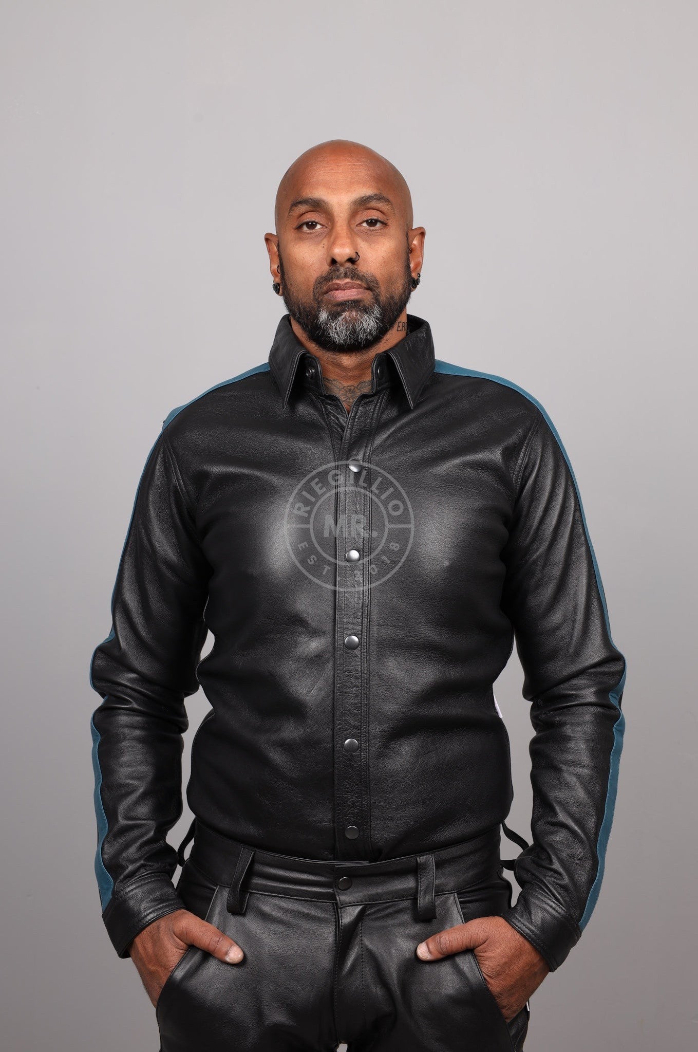 Black Leather Shirt Long Sleeves - Jeans Blue Taping at MR. Riegillio